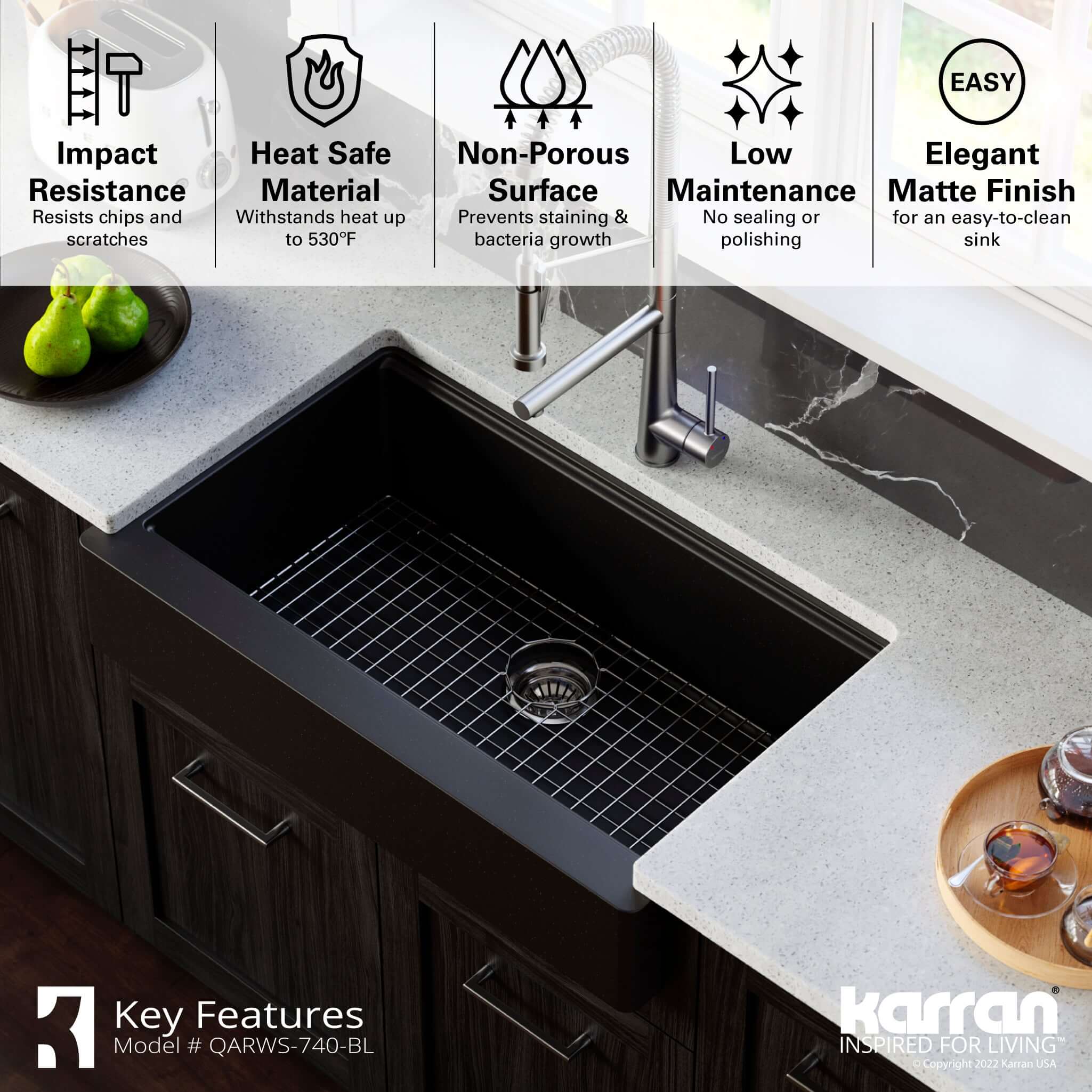 Karran 34" Quartz Composite Retrofit Workstation Farmhouse Sink with Accessories, Black, QARWS-740-BL