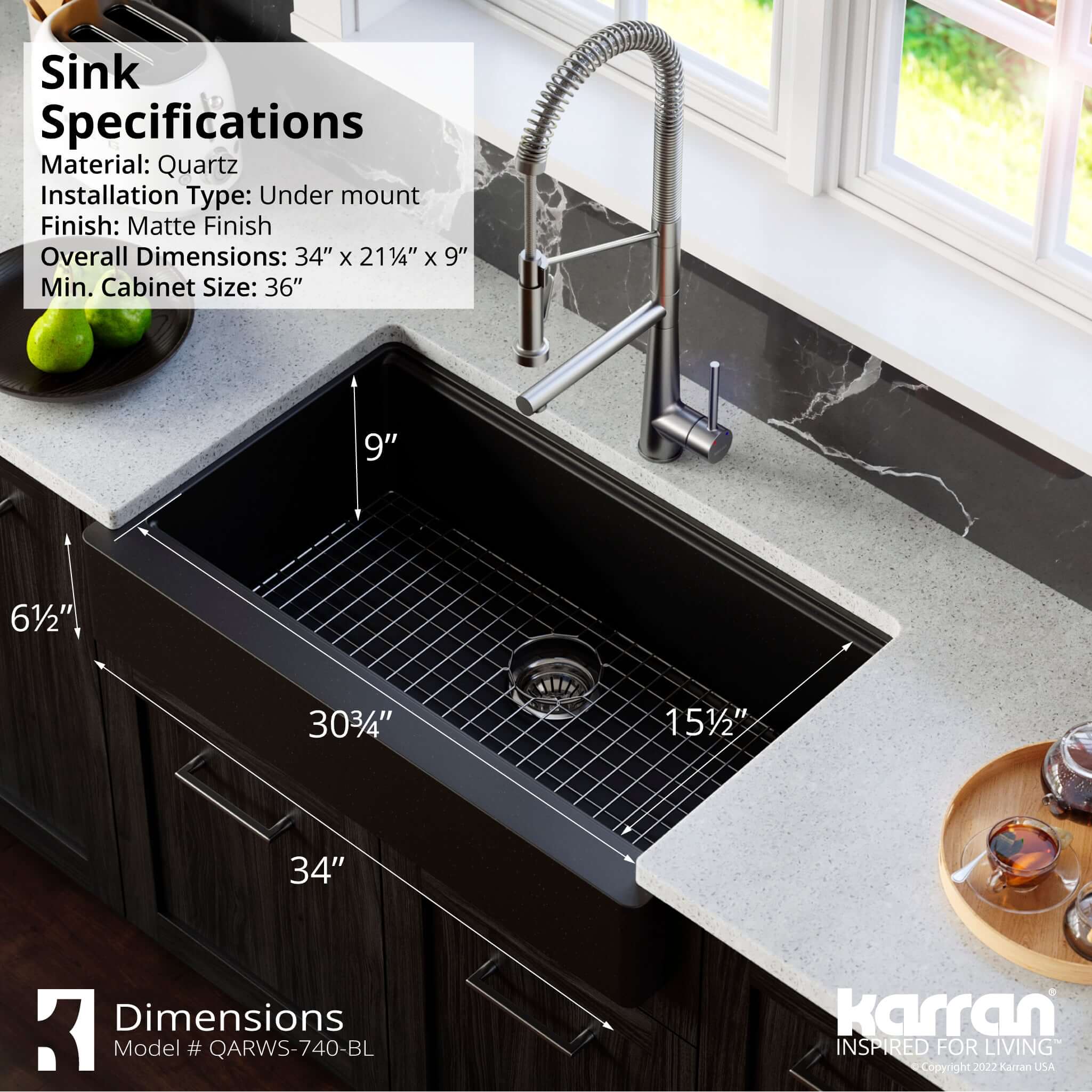 Karran 34" Quartz Composite Retrofit Workstation Farmhouse Sink with Accessories, Black, QARWS-740-BL