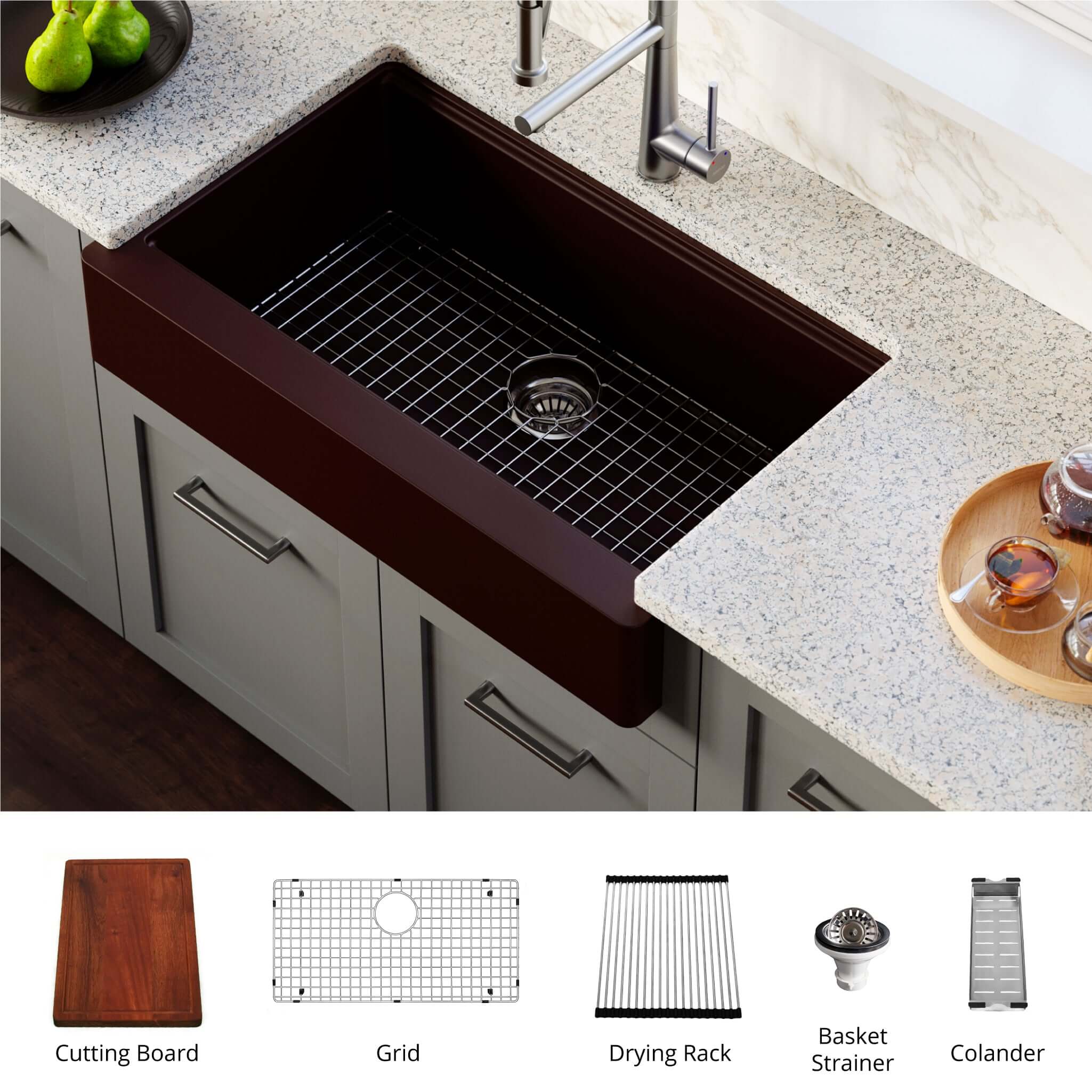 Karran 34" Quartz Composite Retrofit Workstation Farmhouse Sink with Accessories, Brown, QARWS-740-BR
