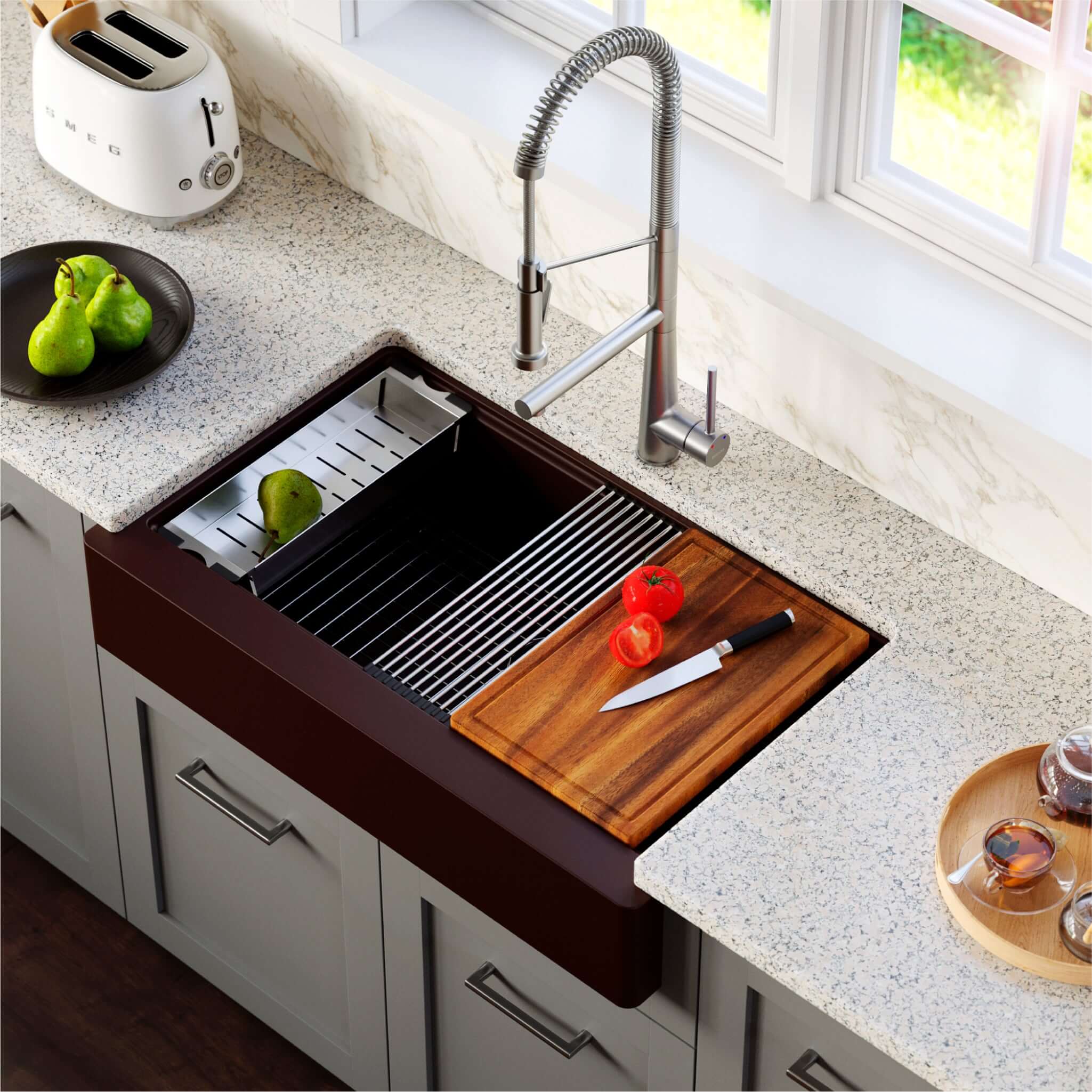 Karran 34" Quartz Composite Retrofit Workstation Farmhouse Sink with Accessories, Brown, QARWS-740-BR