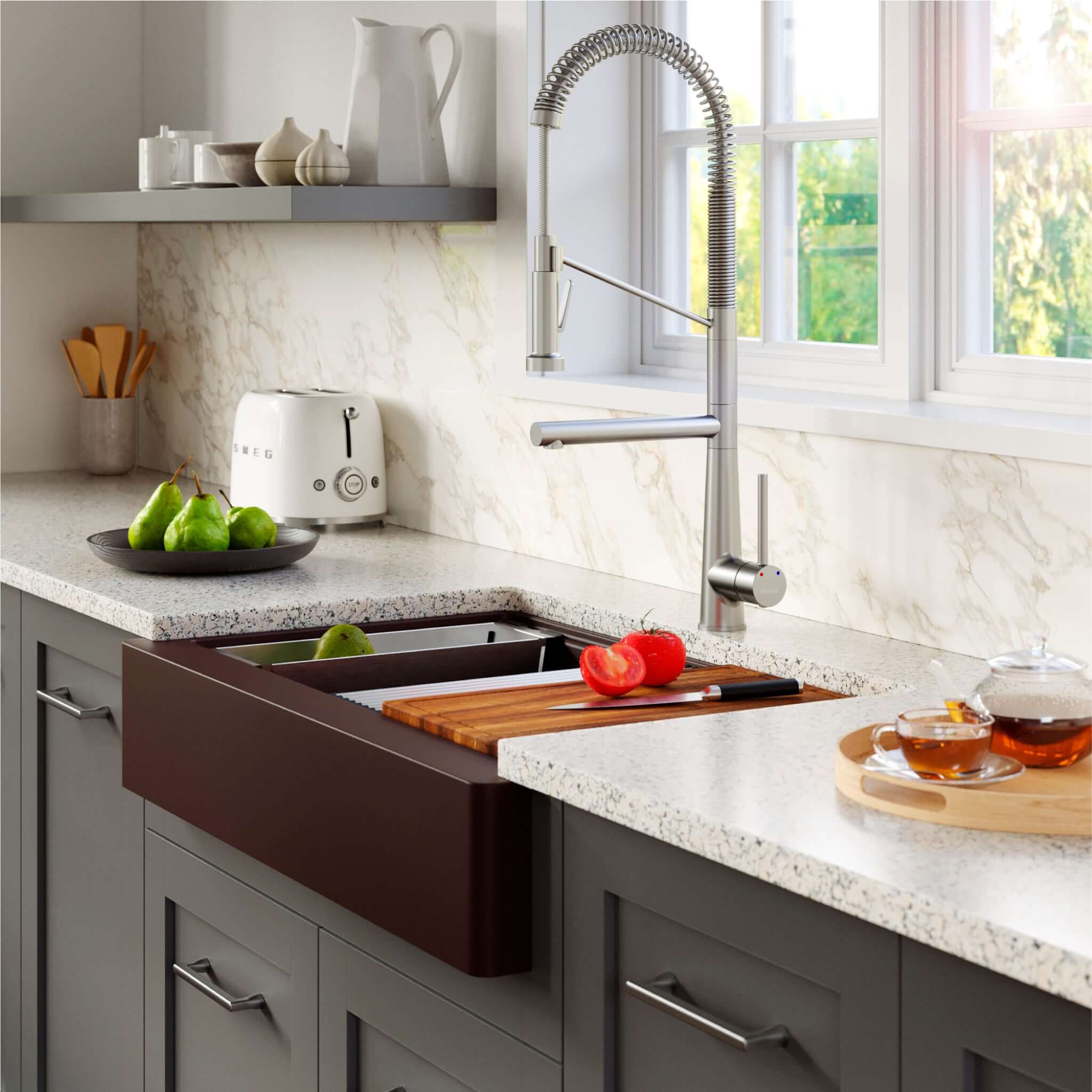 Karran 34" Quartz Composite Retrofit Workstation Farmhouse Sink with Accessories, Brown, QARWS-740-BR