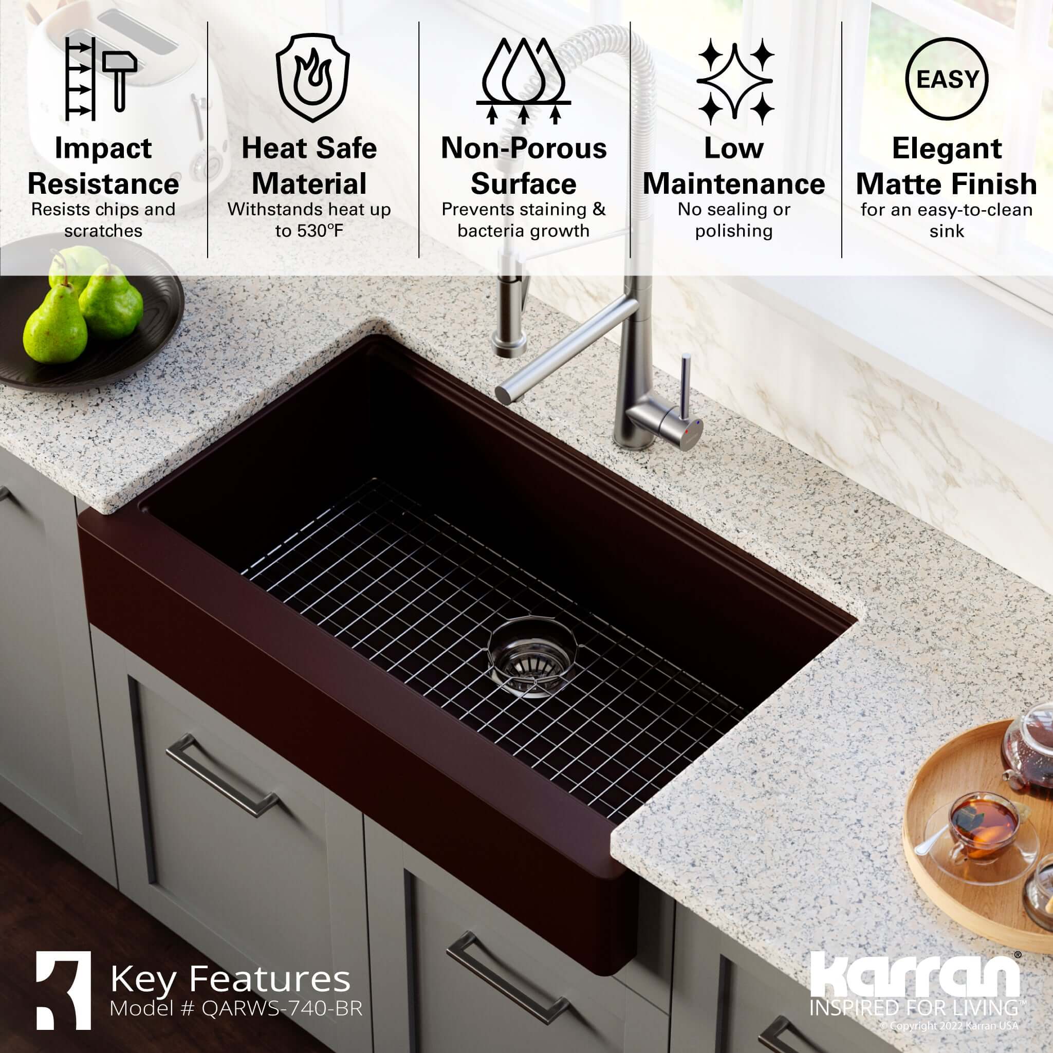 Karran 34" Quartz Composite Retrofit Workstation Farmhouse Sink with Accessories, Brown, QARWS-740-BR