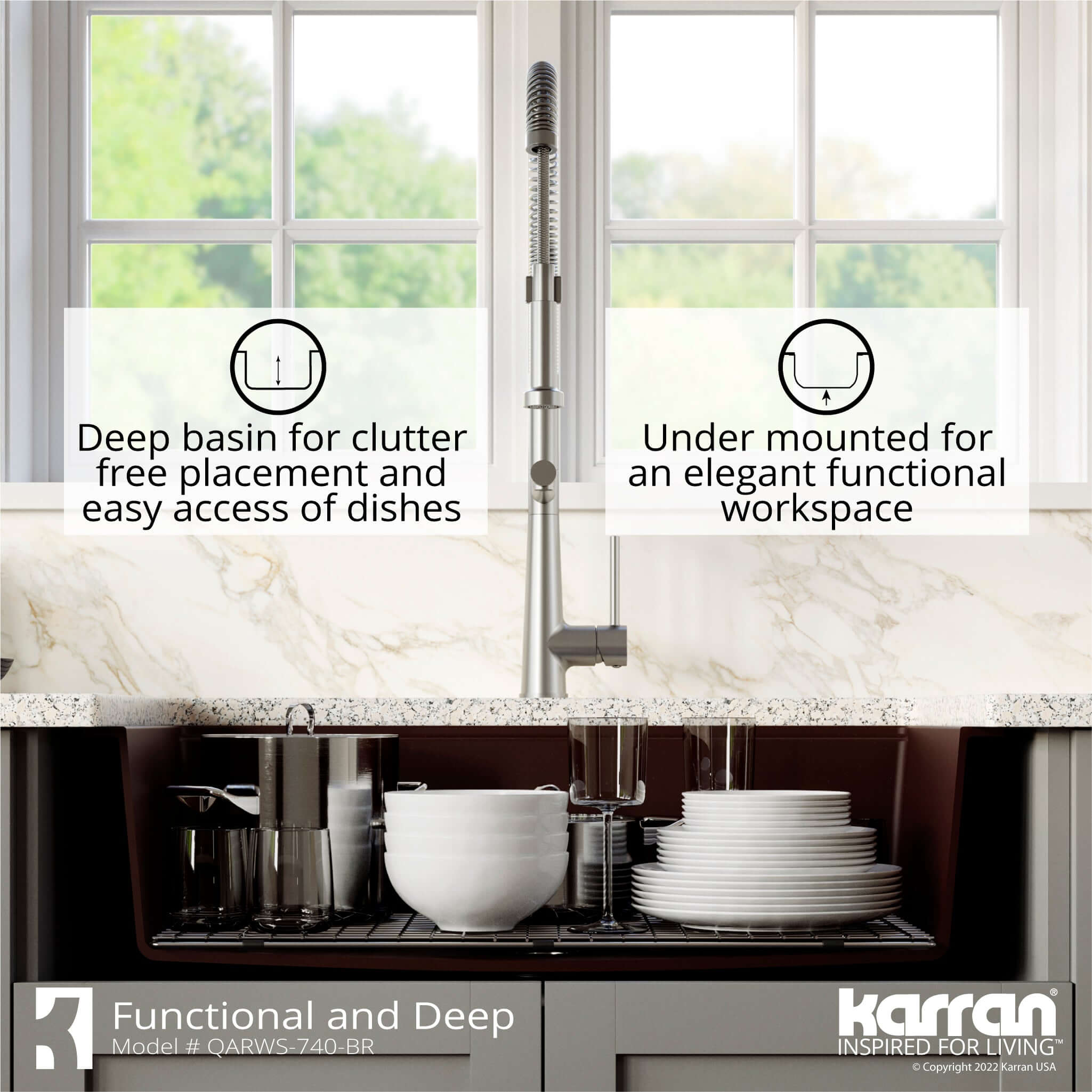Karran 34" Quartz Composite Retrofit Workstation Farmhouse Sink with Accessories, Brown, QARWS-740-BR