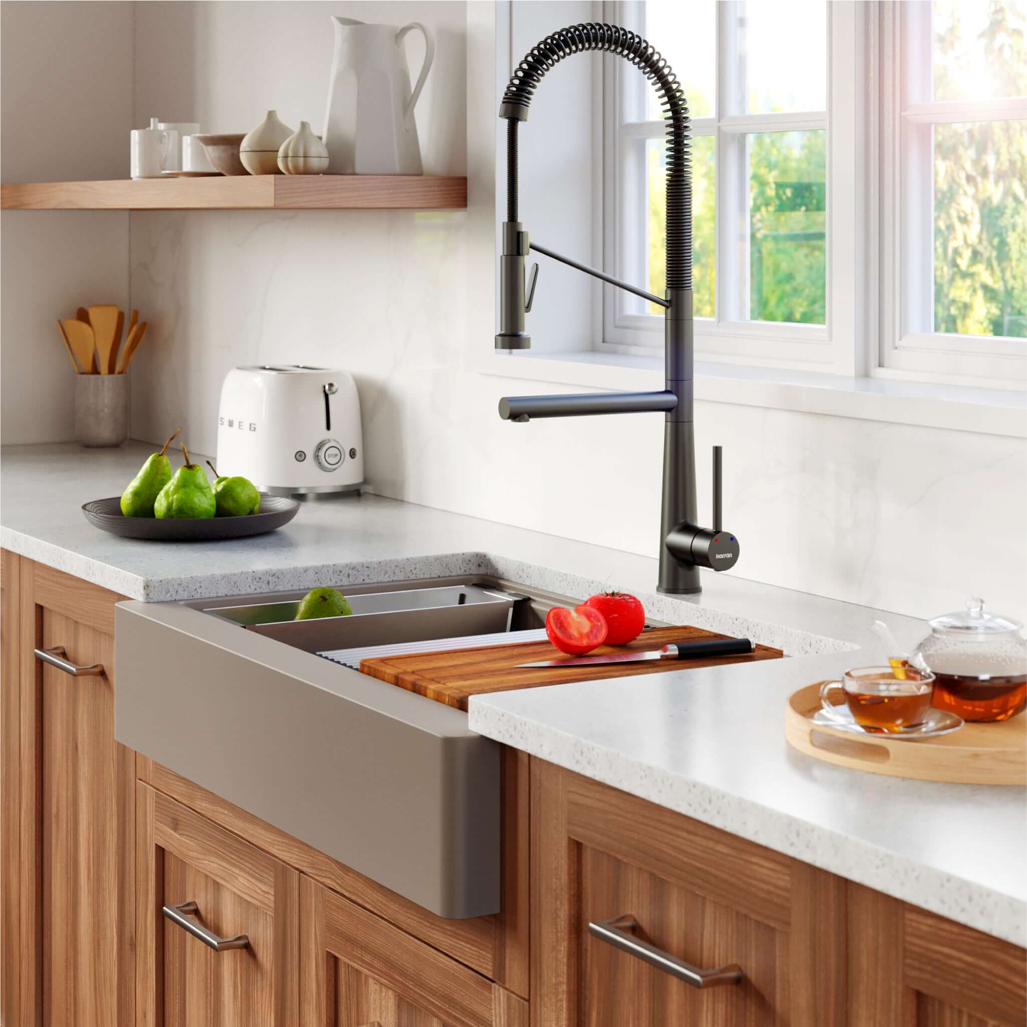 Karran 34" Quartz Composite Retrofit Workstation Farmhouse Sink with Accessories, Concrete, QARWS-740-CN