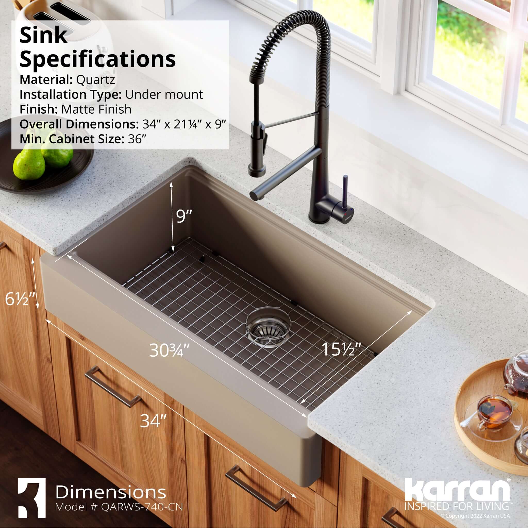 Karran 34" Quartz Composite Retrofit Workstation Farmhouse Sink with Accessories, Concrete, QARWS-740-CN