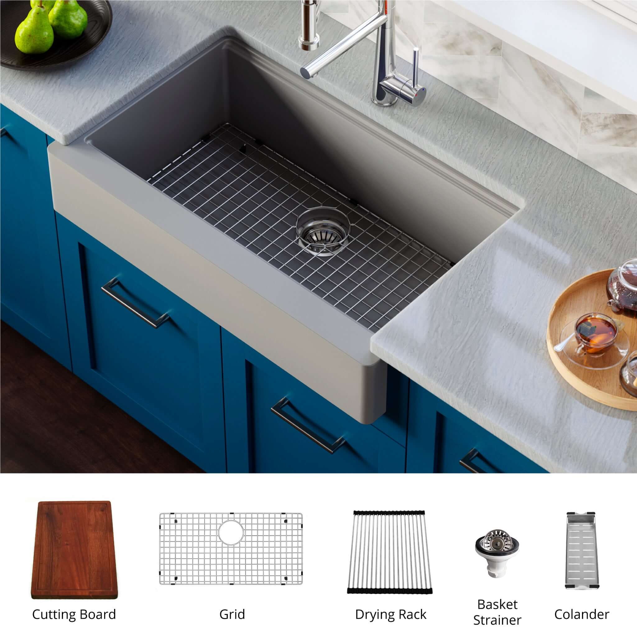 Karran 34" Quartz Composite Retrofit Workstation Farmhouse Sink with Accessories, Grey, QARWS-740-GR