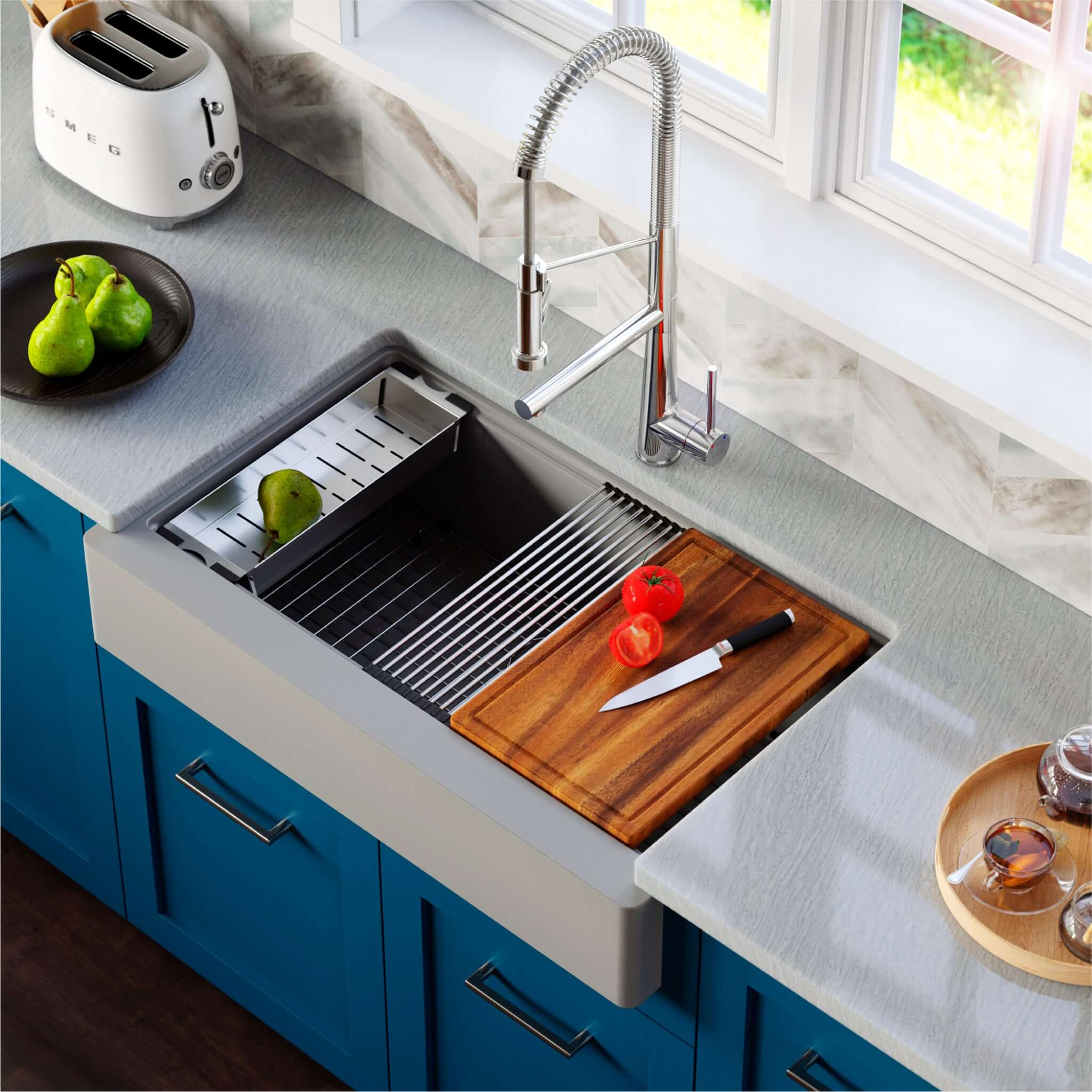 Karran 34" Quartz Composite Retrofit Workstation Farmhouse Sink with Accessories, Grey, QARWS-740-GR