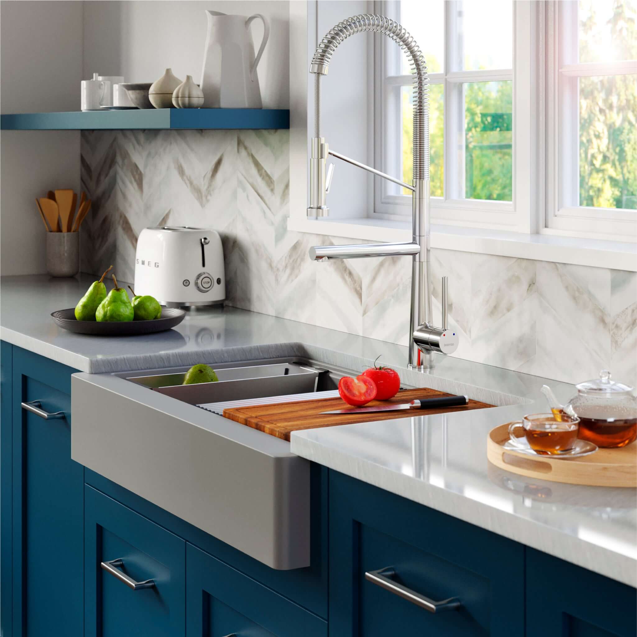 Karran 34" Quartz Composite Retrofit Workstation Farmhouse Sink with Accessories, Grey, QARWS-740-GR