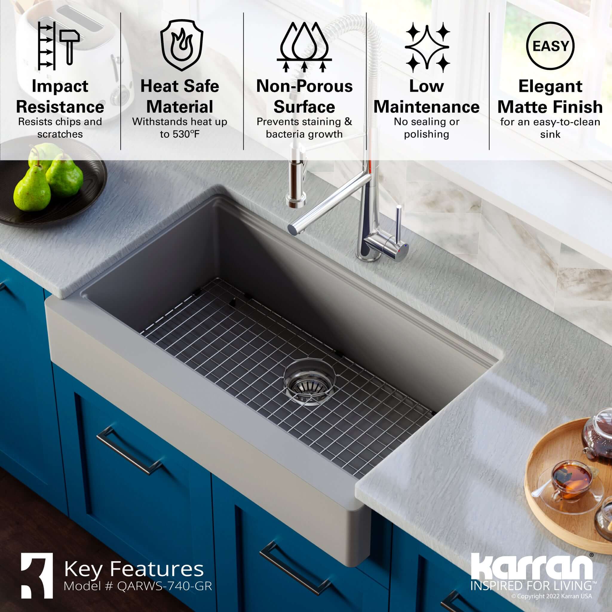 Karran 34" Quartz Composite Retrofit Workstation Farmhouse Sink with Accessories, Grey, QARWS-740-GR