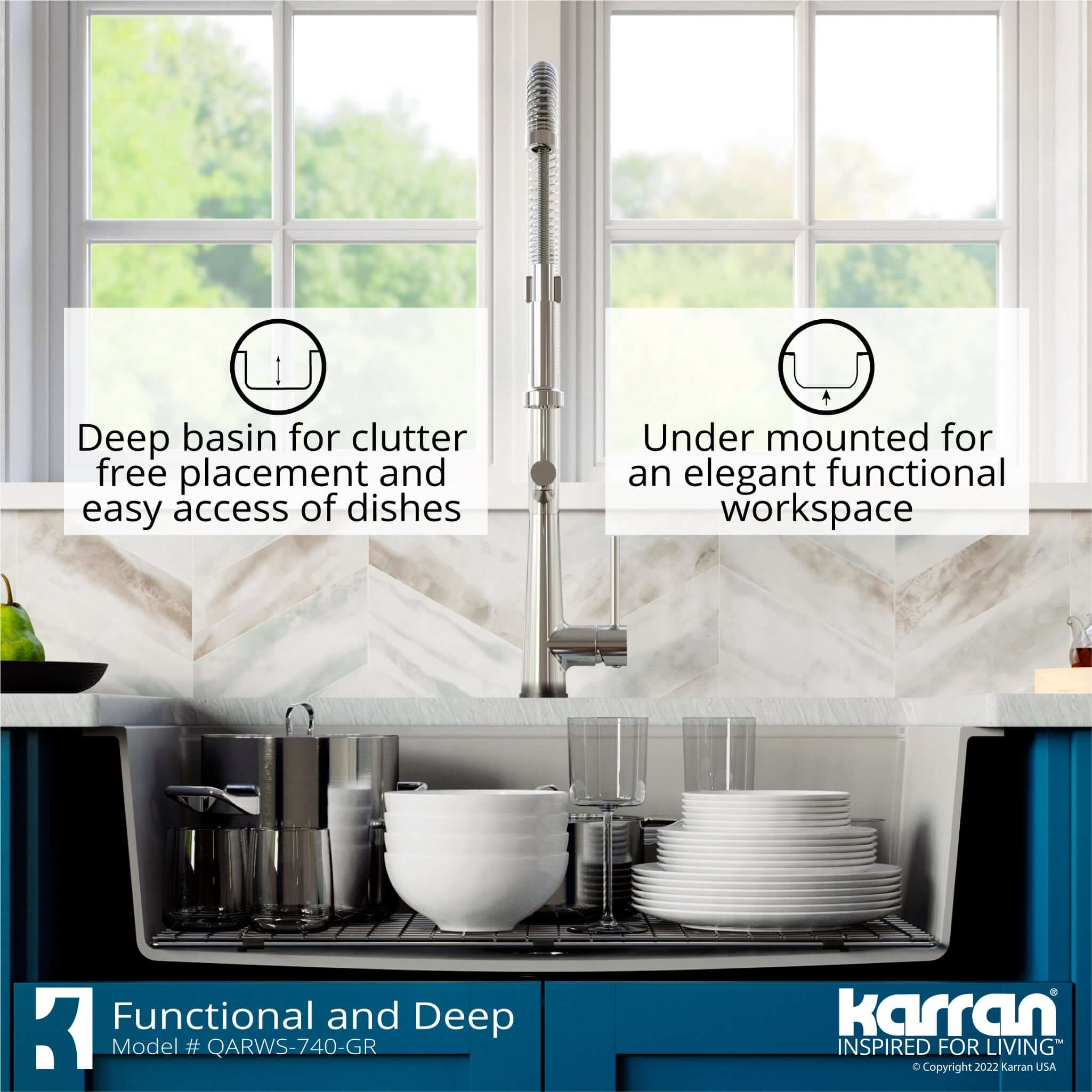 Karran 34" Quartz Composite Retrofit Workstation Farmhouse Sink with Accessories, Grey, QARWS-740-GR