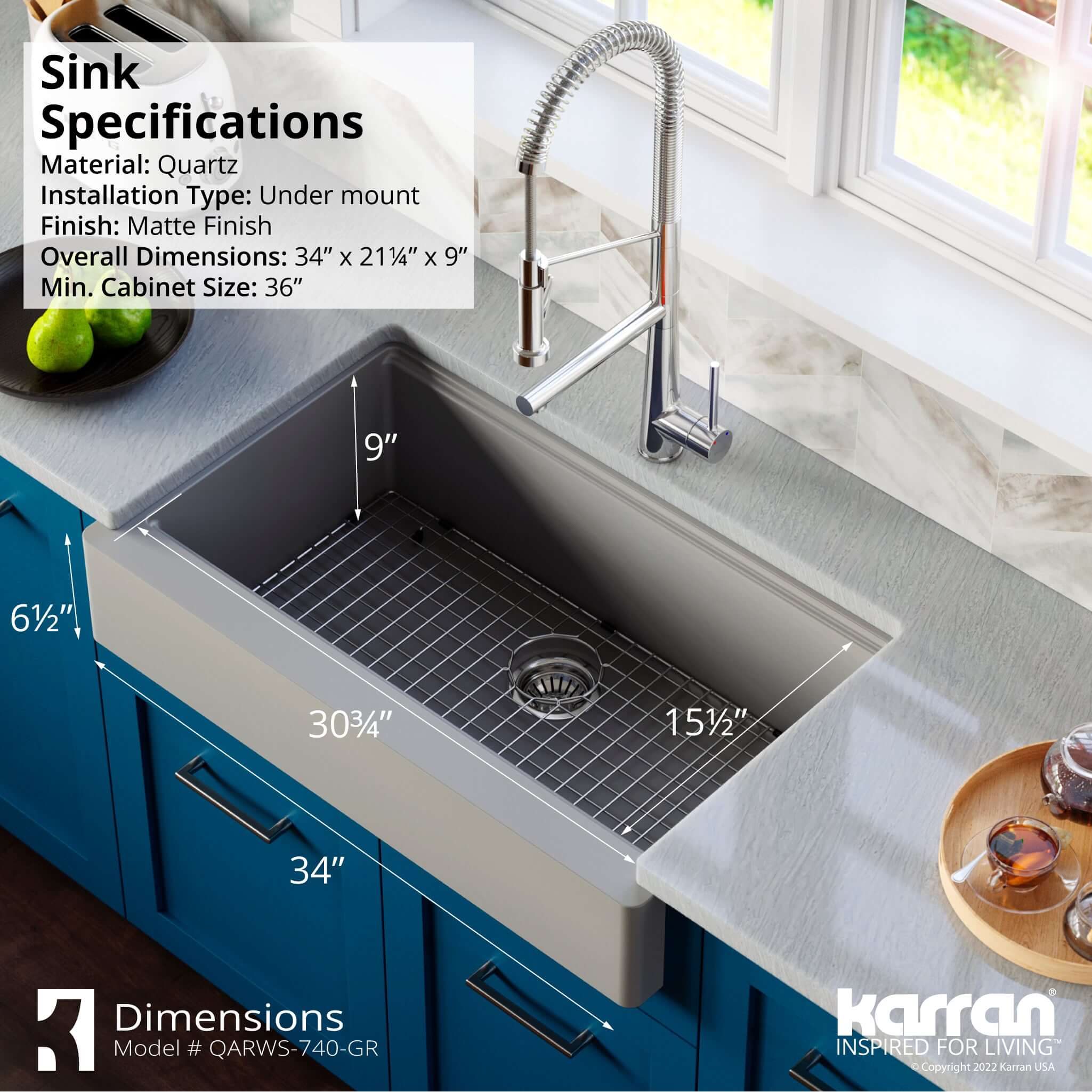 Karran 34" Quartz Composite Retrofit Workstation Farmhouse Sink with Accessories, Grey, QARWS-740-GR