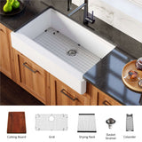 Karran 34" Quartz Composite Retrofit Workstation Farmhouse Sink with Accessories, White, QARWS-740-WH