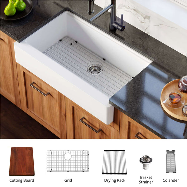Karran 34" Quartz Composite Retrofit Workstation Farmhouse Sink with Accessories, White, QARWS-740-WH