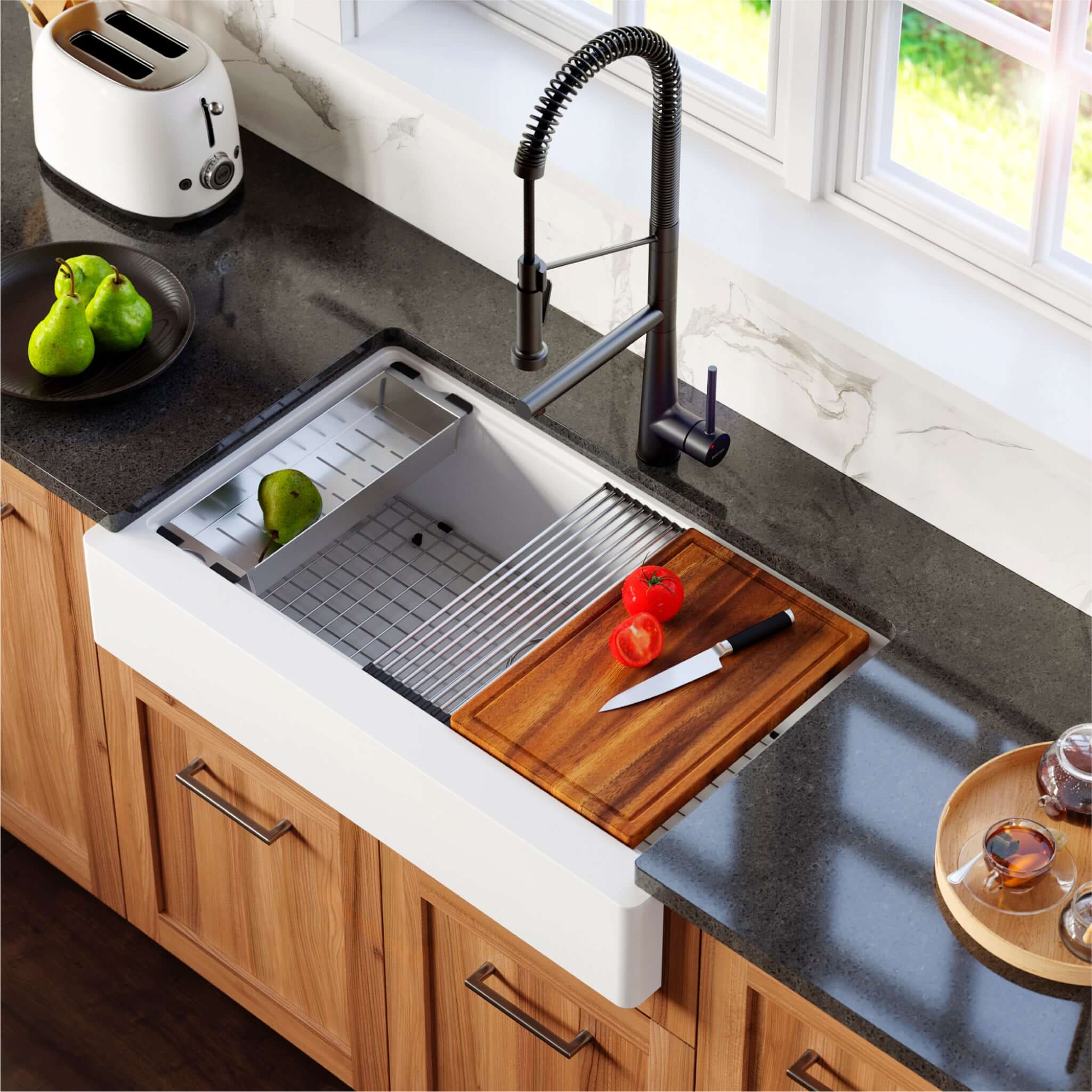 Karran 34" Quartz Composite Retrofit Workstation Farmhouse Sink with Accessories, White, QARWS-740-WH