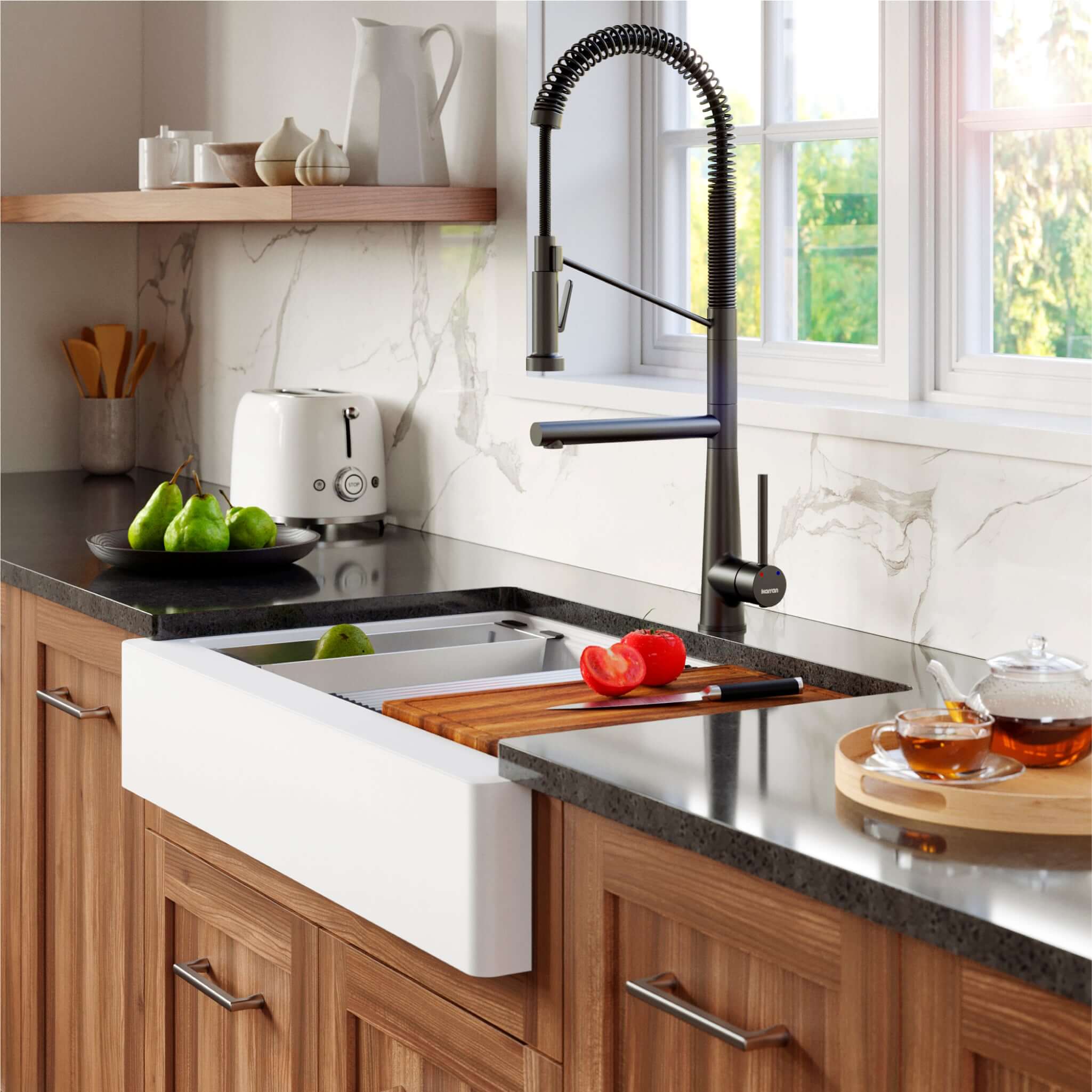 Karran 34" Quartz Composite Retrofit Workstation Farmhouse Sink with Accessories, White, QARWS-740-WH
