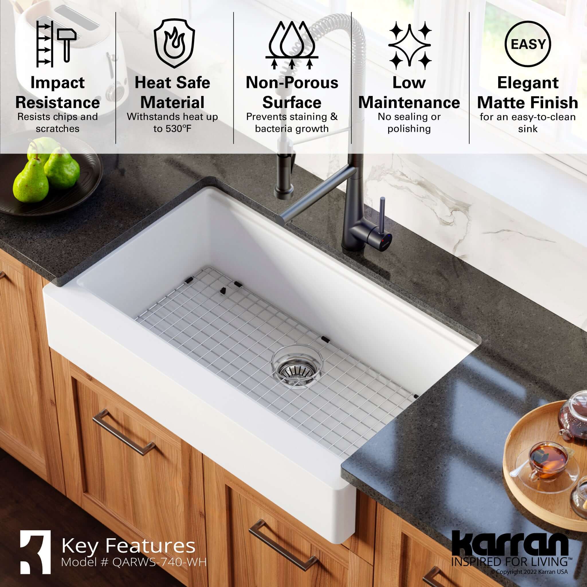Karran 34" Quartz Composite Retrofit Workstation Farmhouse Sink with Accessories, White, QARWS-740-WH
