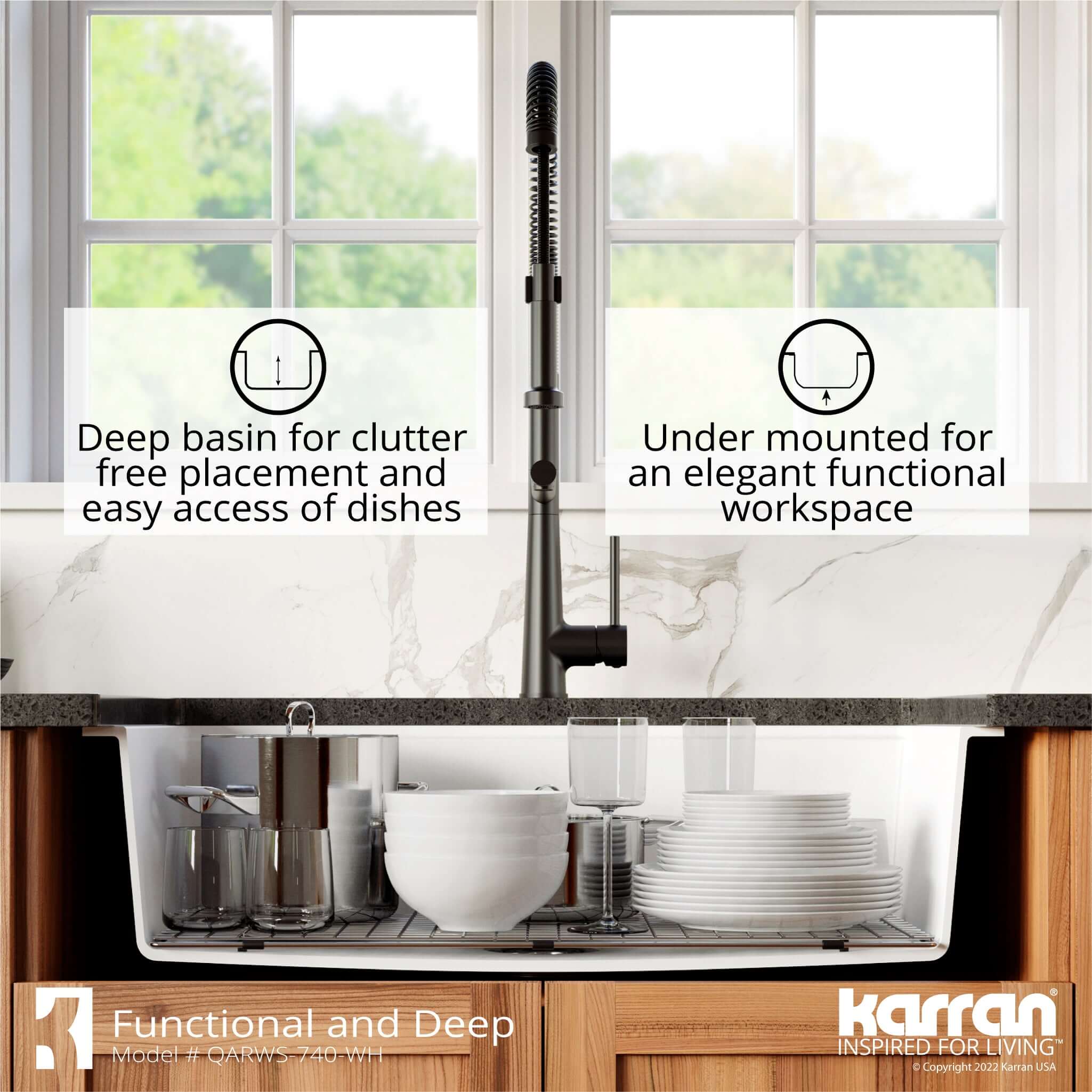 Karran 34" Quartz Composite Retrofit Workstation Farmhouse Sink with Accessories, White, QARWS-740-WH