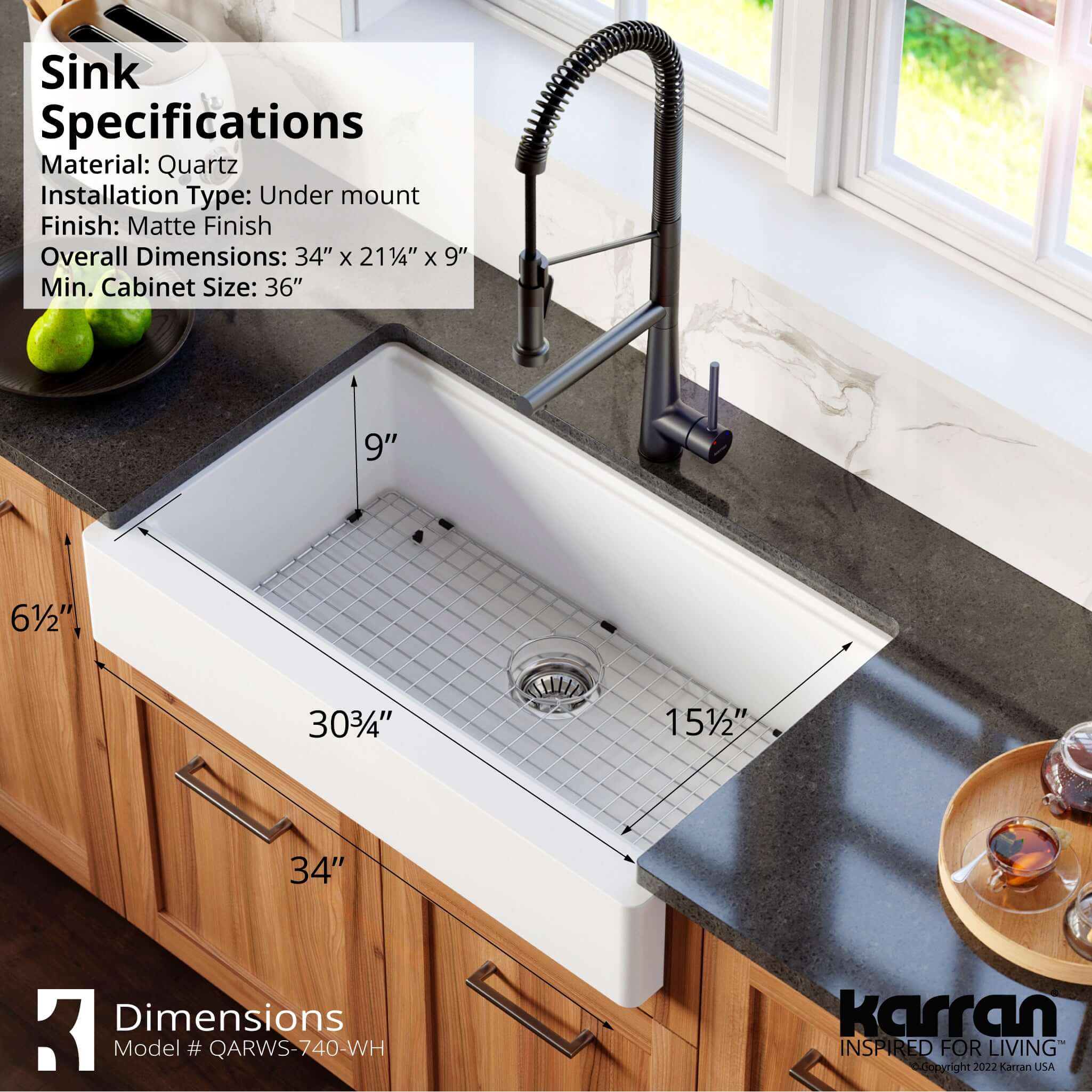 Karran 34" Quartz Composite Retrofit Workstation Farmhouse Sink with Accessories, White, QARWS-740-WH