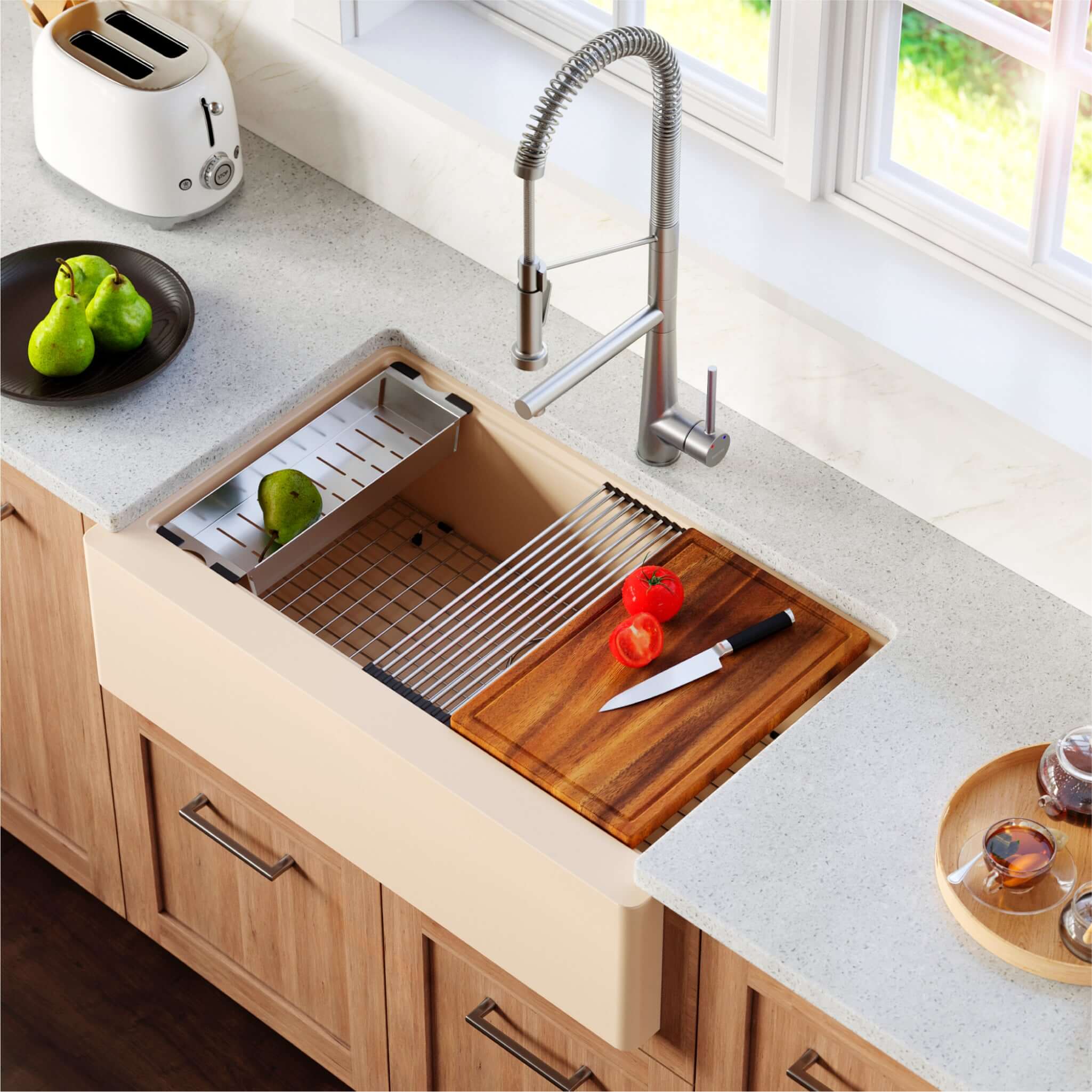 Karran 34" Quartz Composite Workstation Farmhouse Sink with Accessories, Bisque, QAWS-740-BI