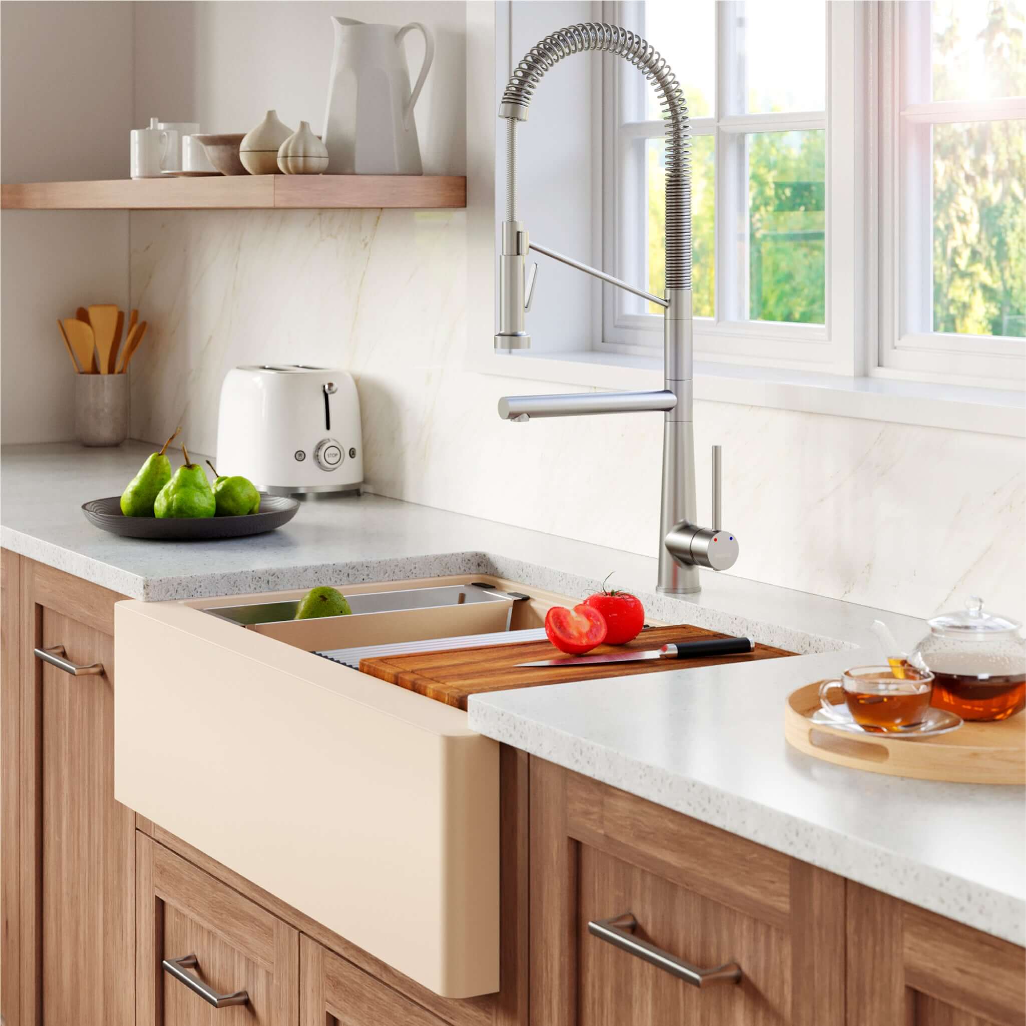 Karran 34" Quartz Composite Workstation Farmhouse Sink with Accessories, Bisque, QAWS-740-BI