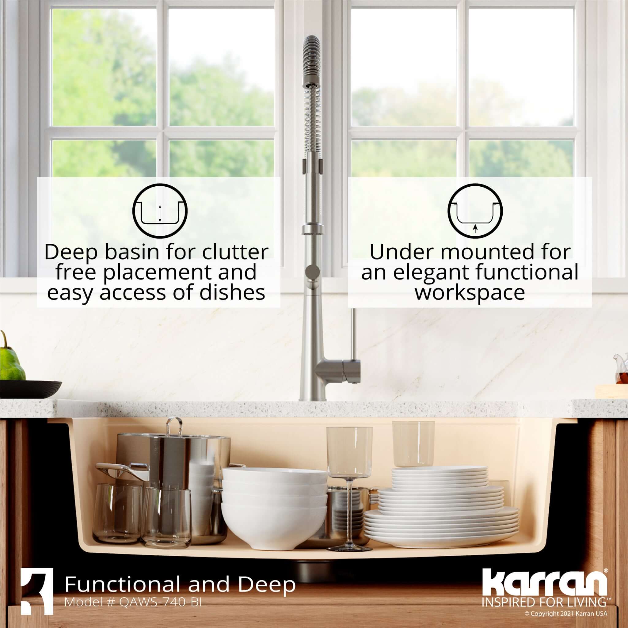 Karran 34" Quartz Composite Workstation Farmhouse Sink with Accessories, Bisque, QAWS-740-BI