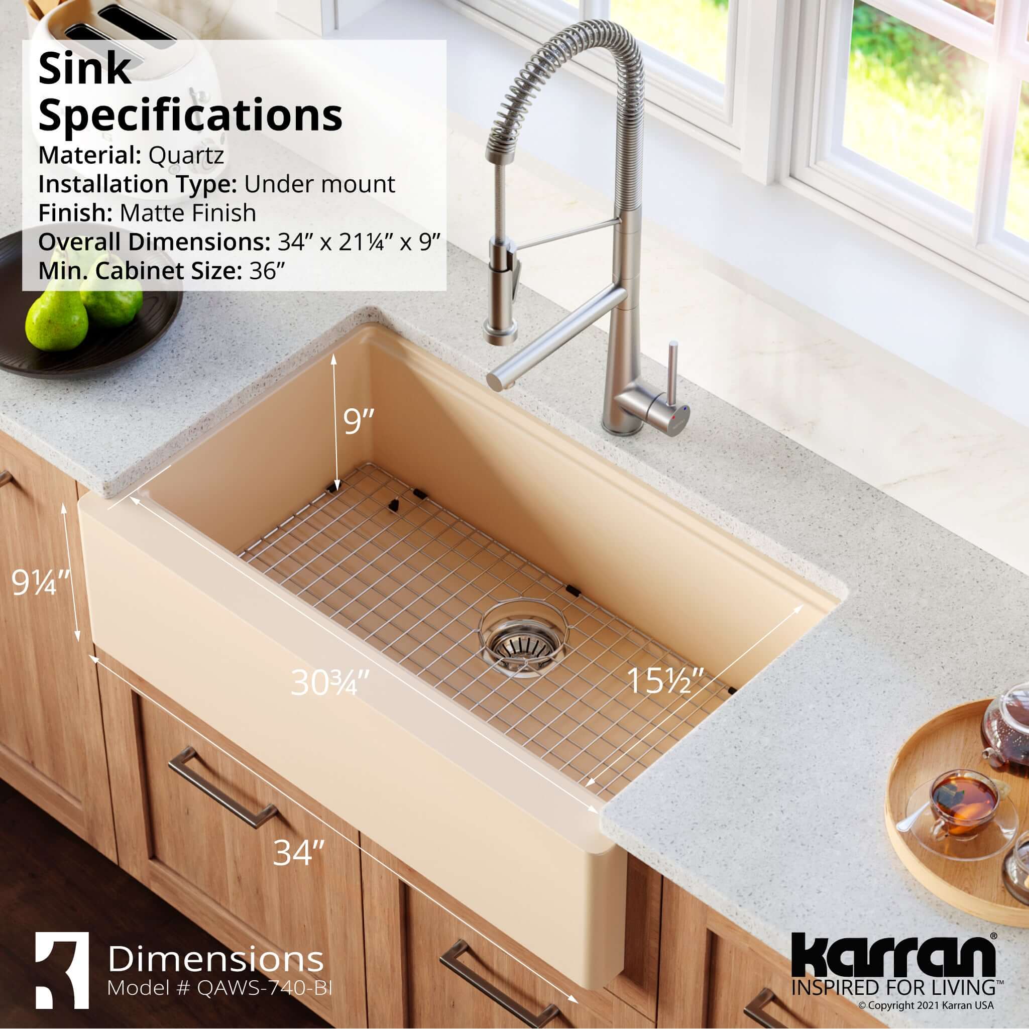 Karran 34" Quartz Composite Workstation Farmhouse Sink with Accessories, Bisque, QAWS-740-BI