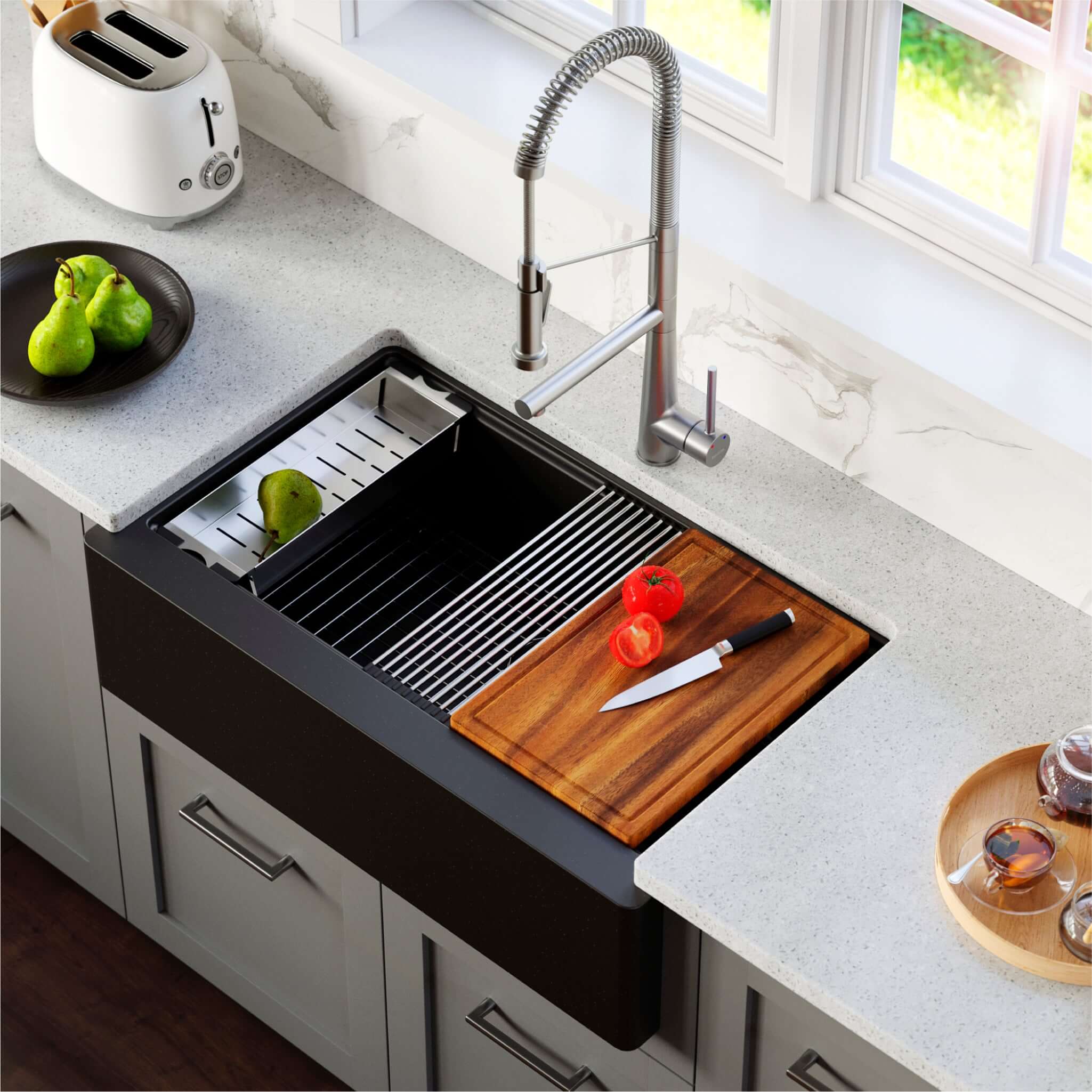 Karran 34" Quartz Composite Workstation Farmhouse Sink with Accessories, Black, QAWS-740-BL