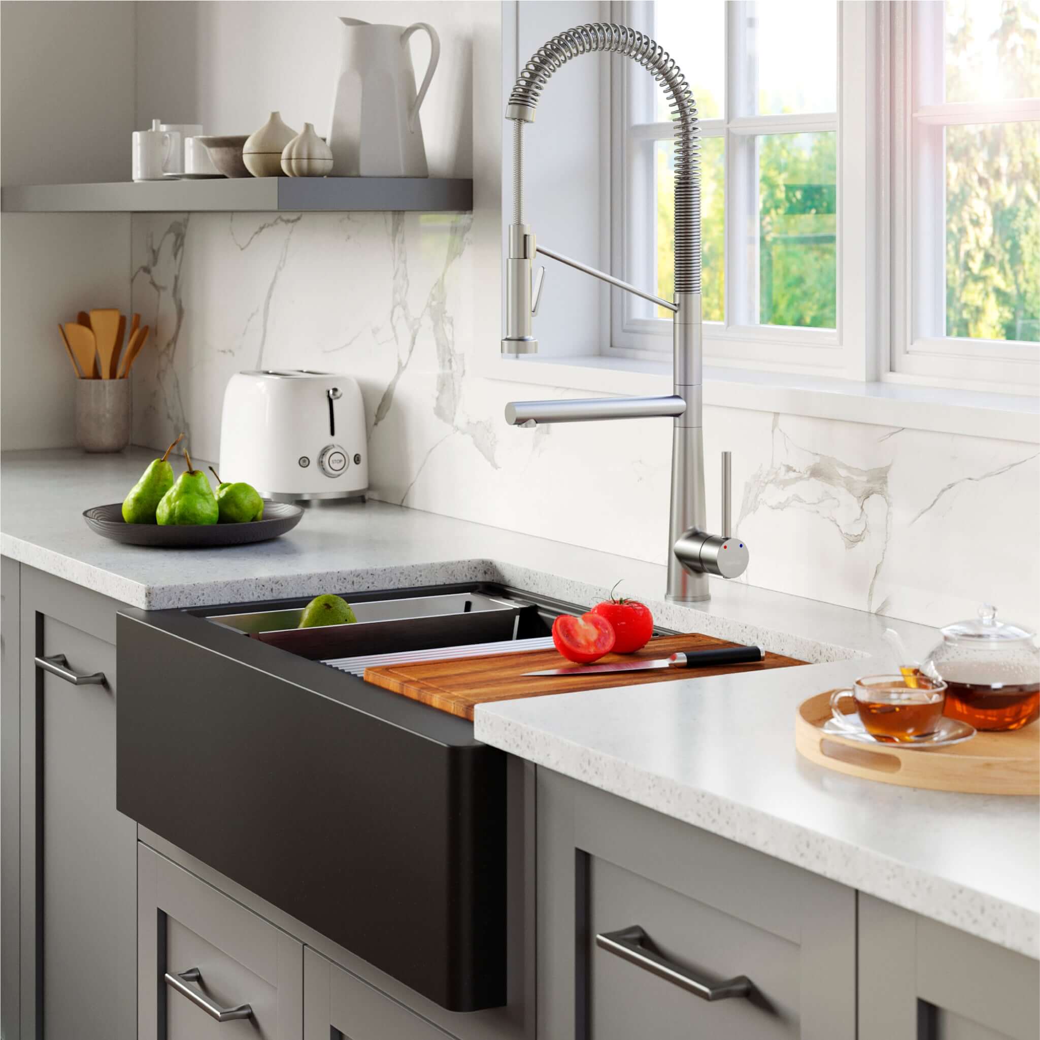 Karran 34" Quartz Composite Workstation Farmhouse Sink with Accessories, Black, QAWS-740-BL