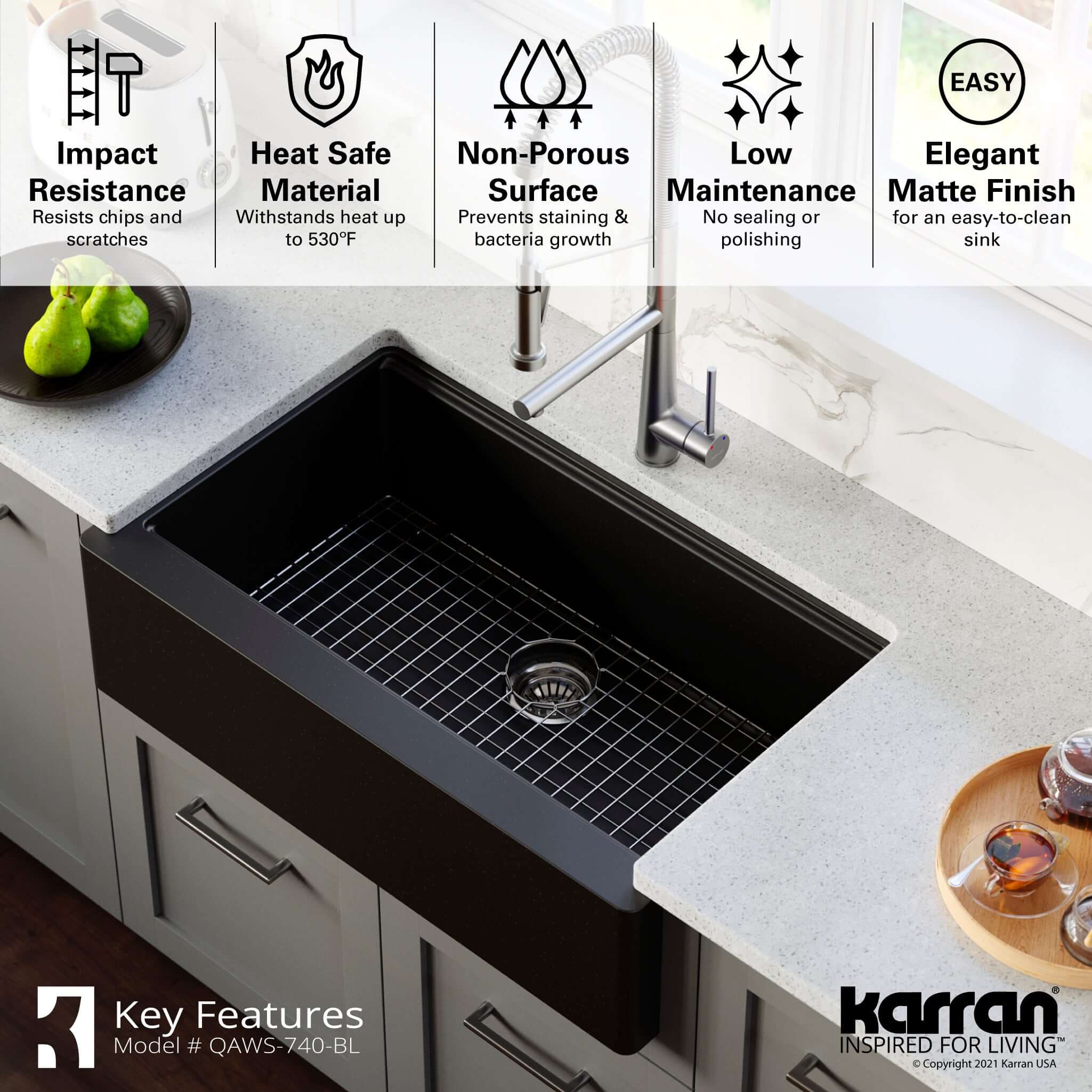Karran 34" Quartz Composite Workstation Farmhouse Sink with Accessories, Black, QAWS-740-BL