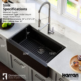 Karran 34" Quartz Composite Workstation Farmhouse Sink with Accessories, Black, QAWS-740-BL