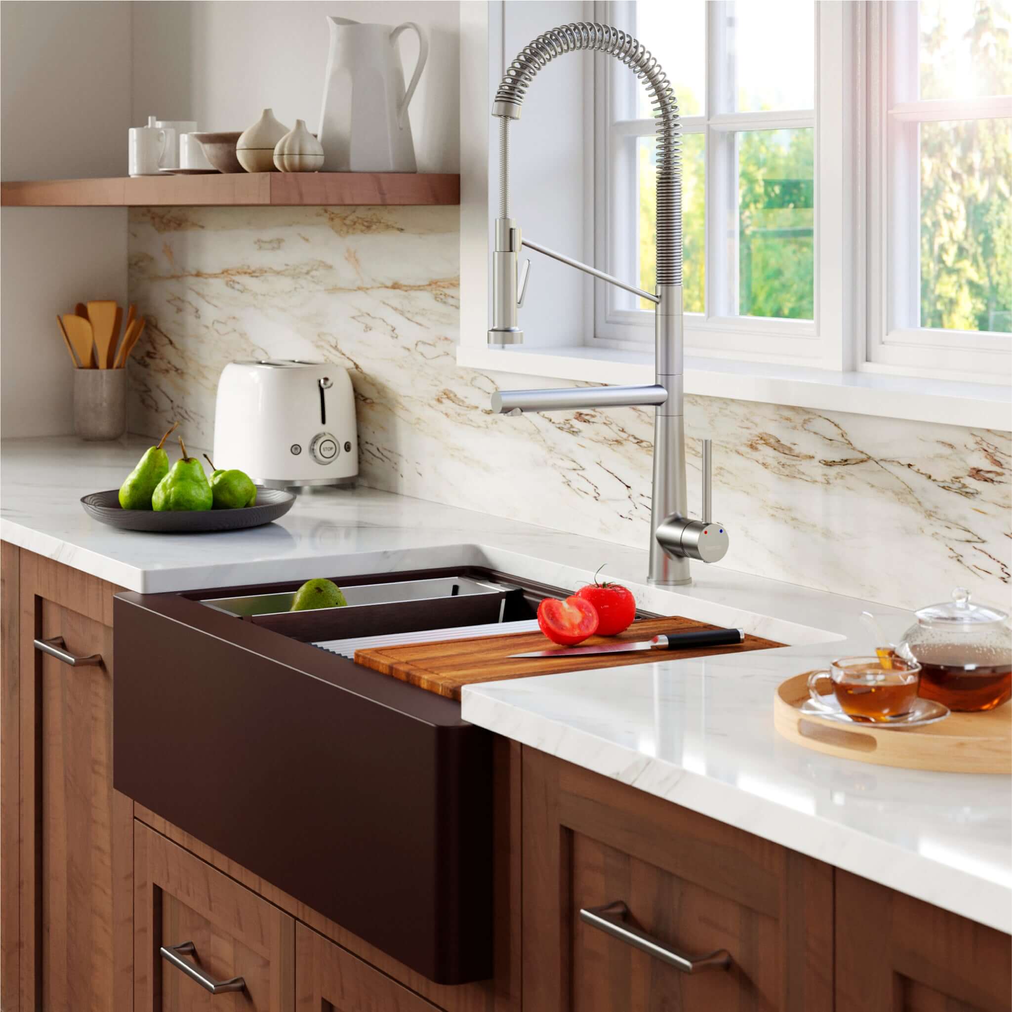 Karran 34" Quartz Composite Workstation Farmhouse Sink with Accessories, Brown, QAWS-740-BR