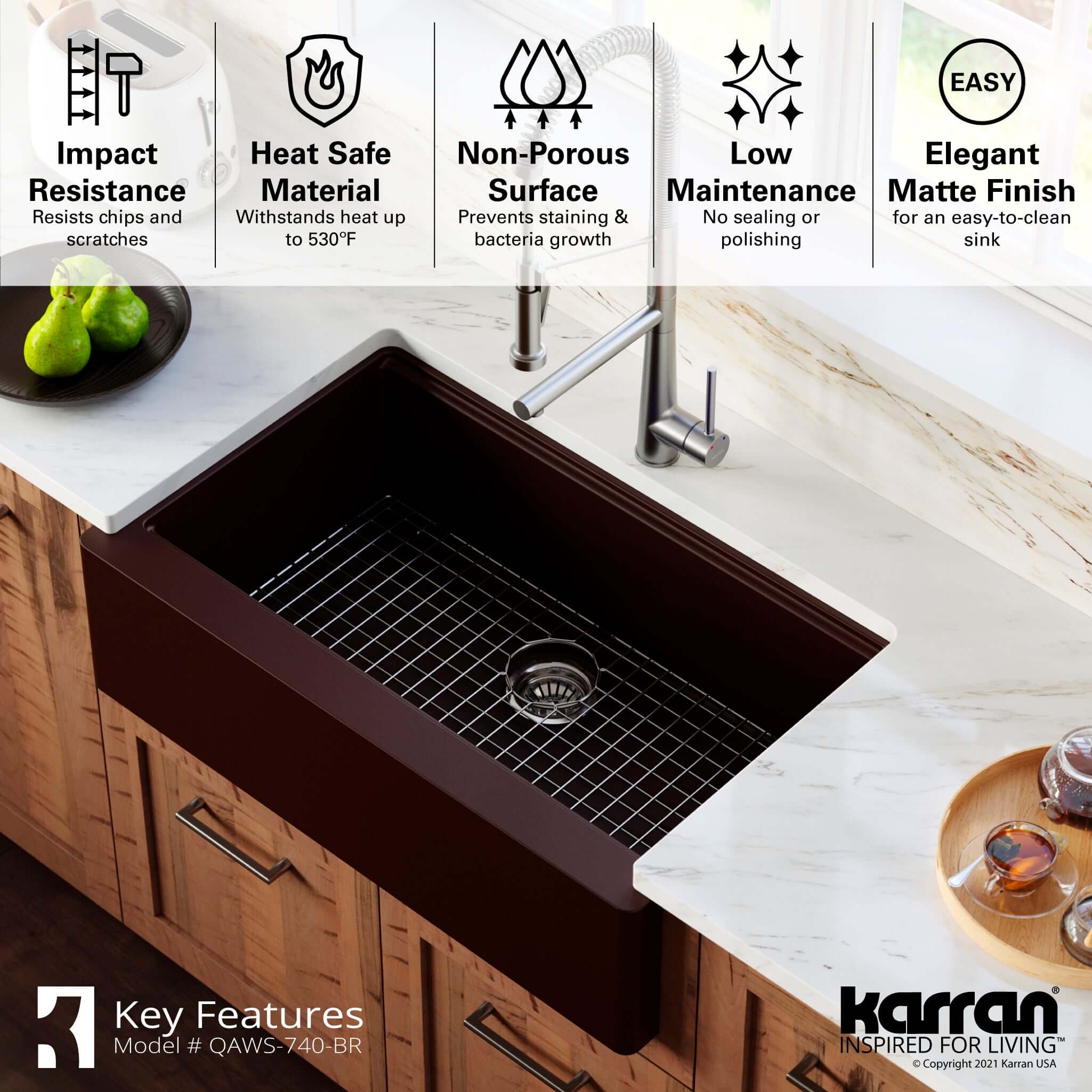 Karran 34" Quartz Composite Workstation Farmhouse Sink with Accessories, Brown, QAWS-740-BR
