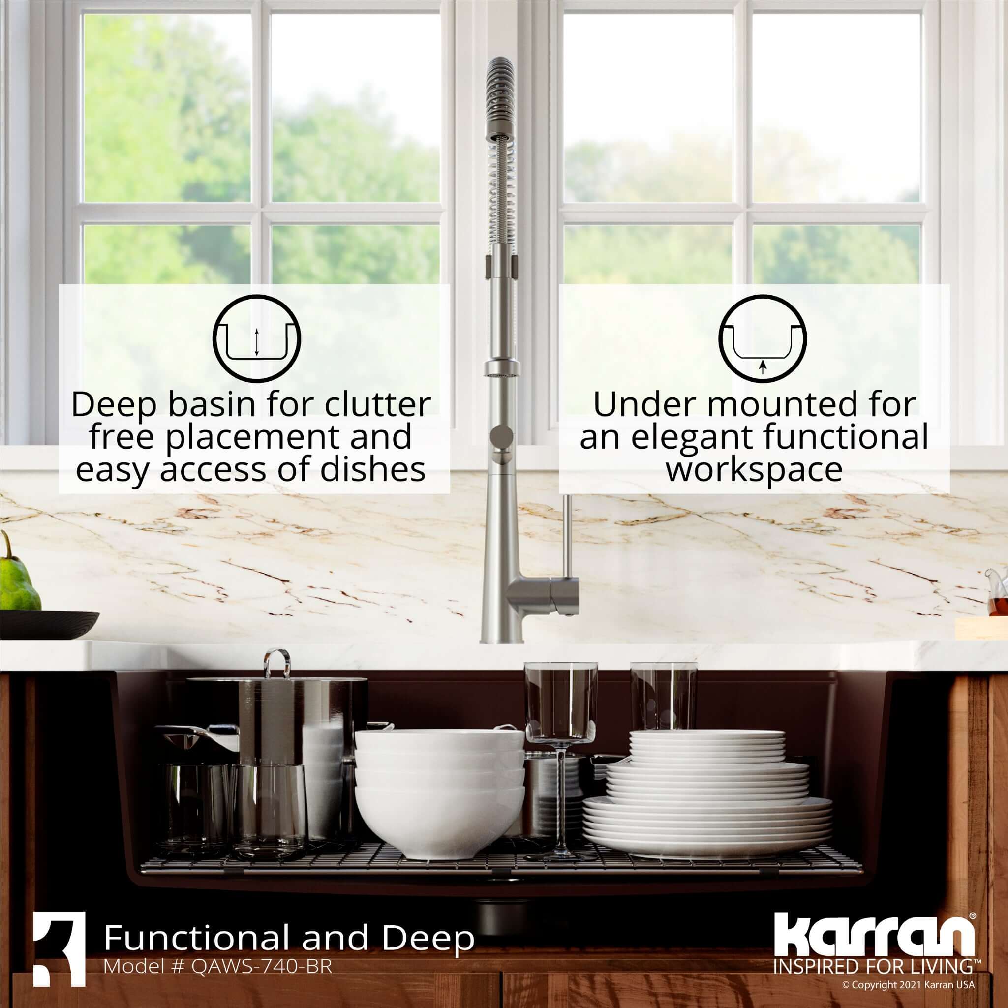 Karran 34" Quartz Composite Workstation Farmhouse Sink with Accessories, Brown, QAWS-740-BR