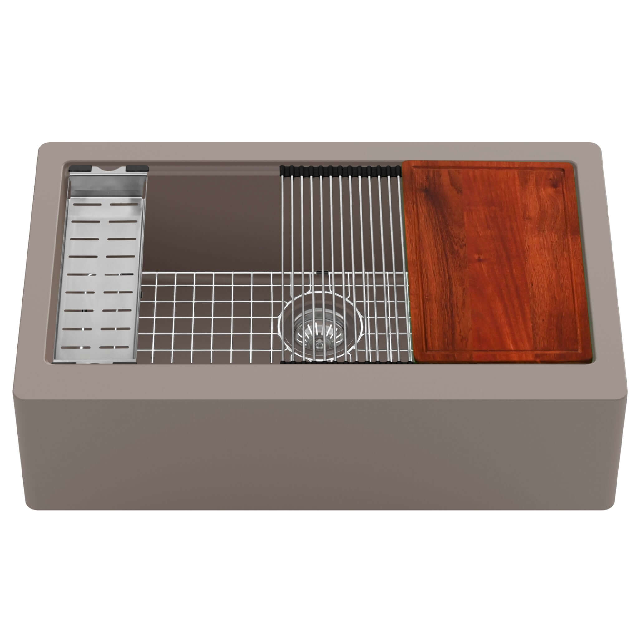 Karran 34" Quartz Composite Workstation Farmhouse Sink with Accessories, Concrete, QAWS-740-CN