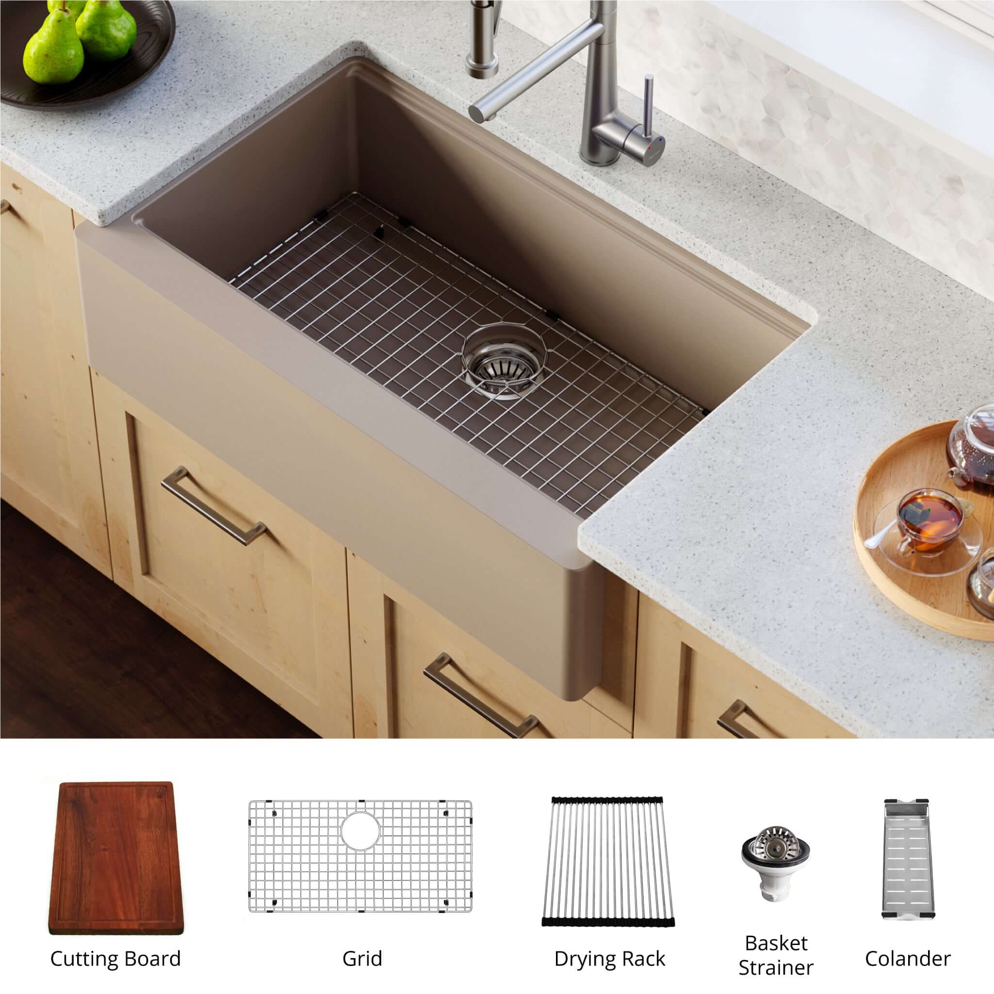 Karran 34" Quartz Composite Workstation Farmhouse Sink with Accessories, Concrete, QAWS-740-CN