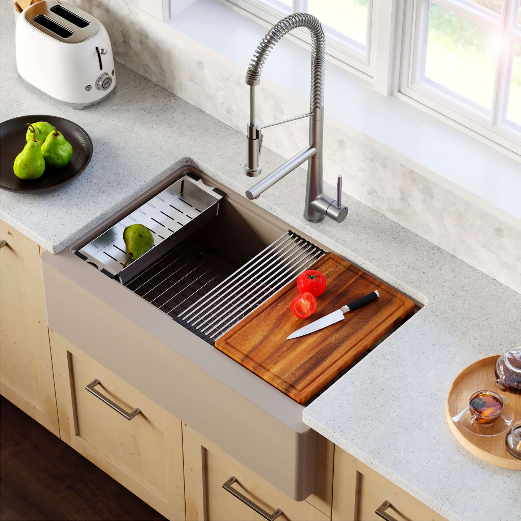 Karran 34" Quartz Composite Workstation Farmhouse Sink with Accessories, Concrete, QAWS-740-CN