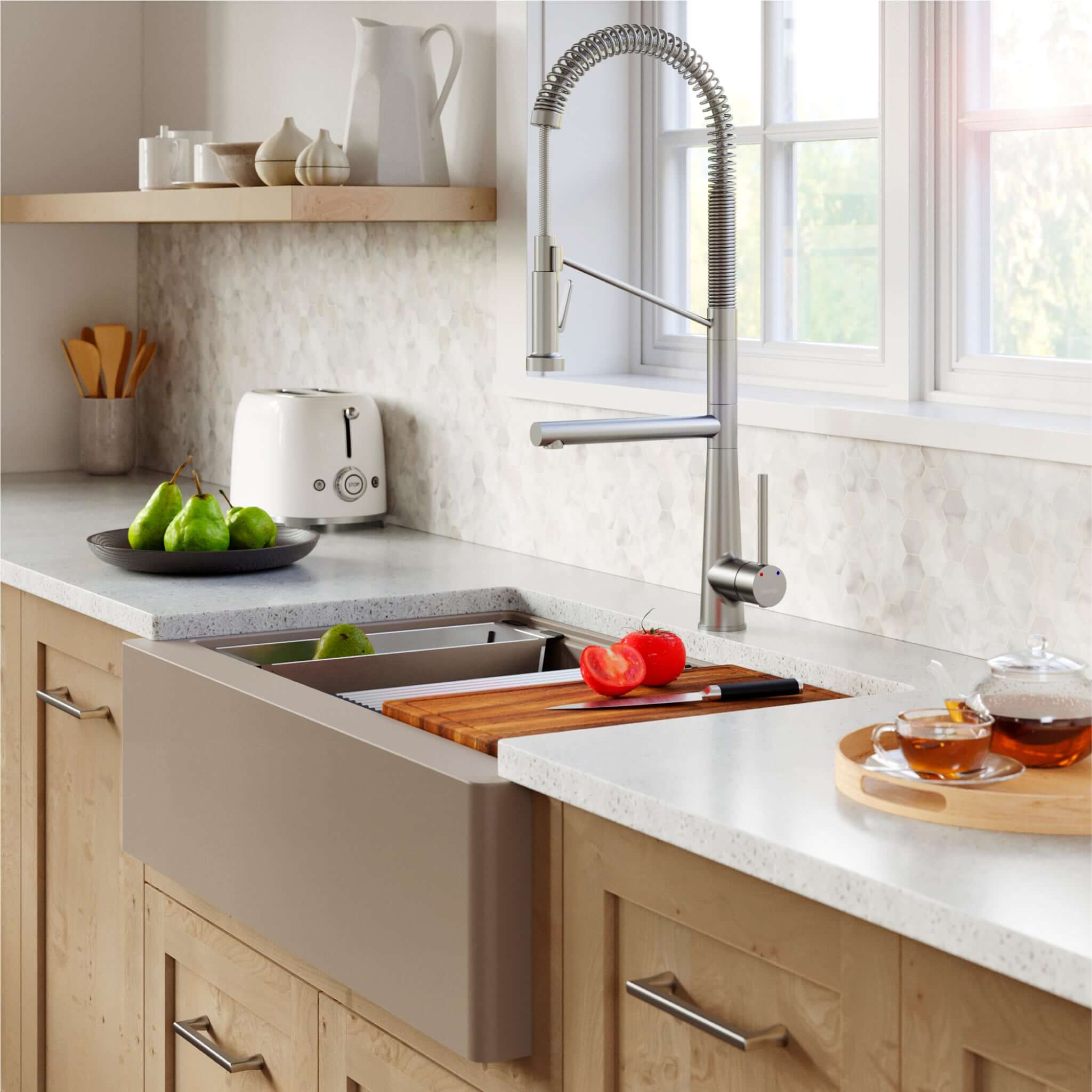 Karran 34" Quartz Composite Workstation Farmhouse Sink with Accessories, Concrete, QAWS-740-CN