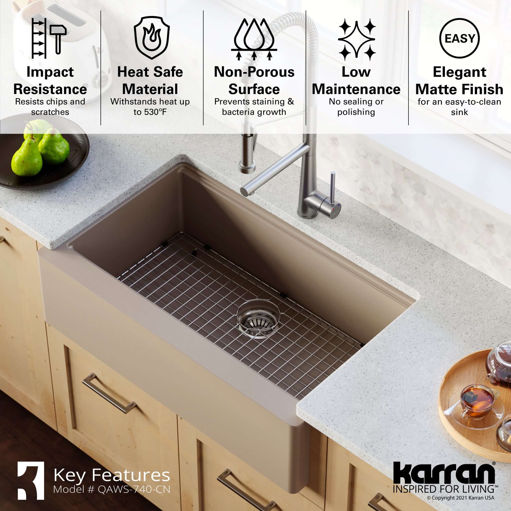 Karran 34" Quartz Composite Workstation Farmhouse Sink with Accessories, Concrete, QAWS-740-CN