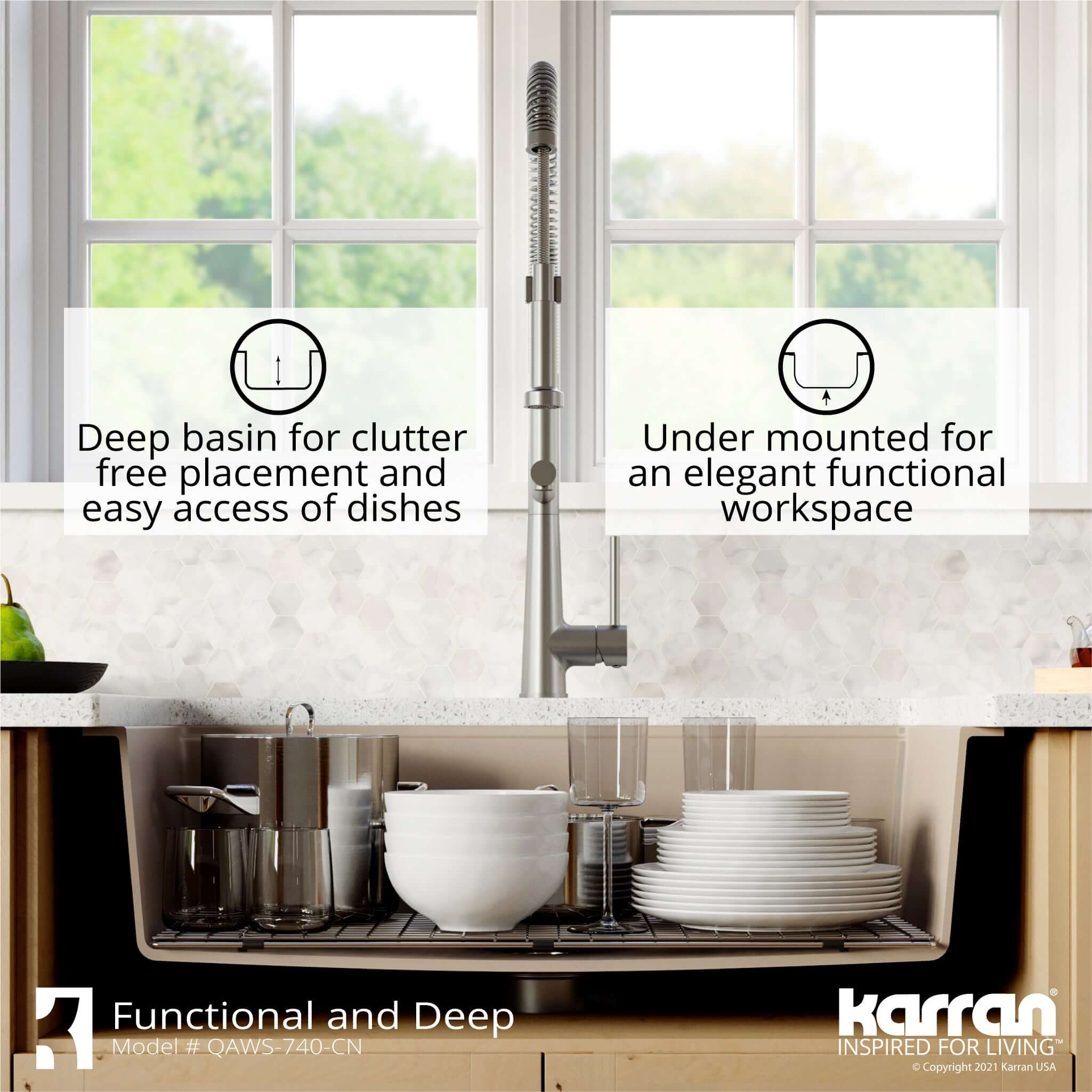 Karran 34" Quartz Composite Workstation Farmhouse Sink with Accessories, Concrete, QAWS-740-CN