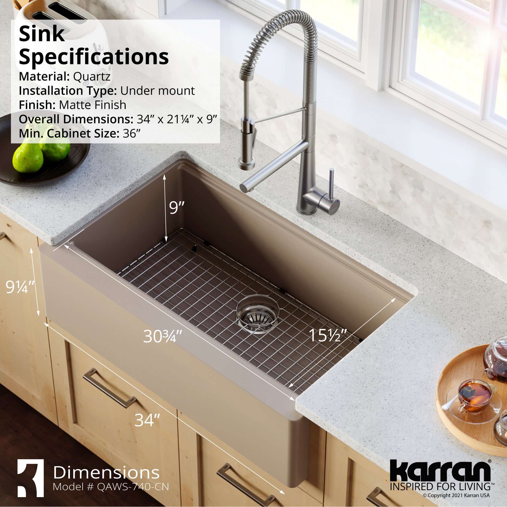 Karran 34" Quartz Composite Workstation Farmhouse Sink with Accessories, Concrete, QAWS-740-CN