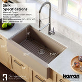 Karran 34" Quartz Composite Workstation Farmhouse Sink with Accessories, Concrete, QAWS-740-CN