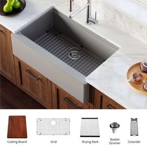 Alternate Image for Karran 34" Quartz Composite Workstation Farmhouse Sink with Accessories, Grey, QAWS-740-GR