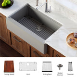 Karran 34" Quartz Composite Workstation Farmhouse Sink with Accessories, Grey, QAWS-740-GR