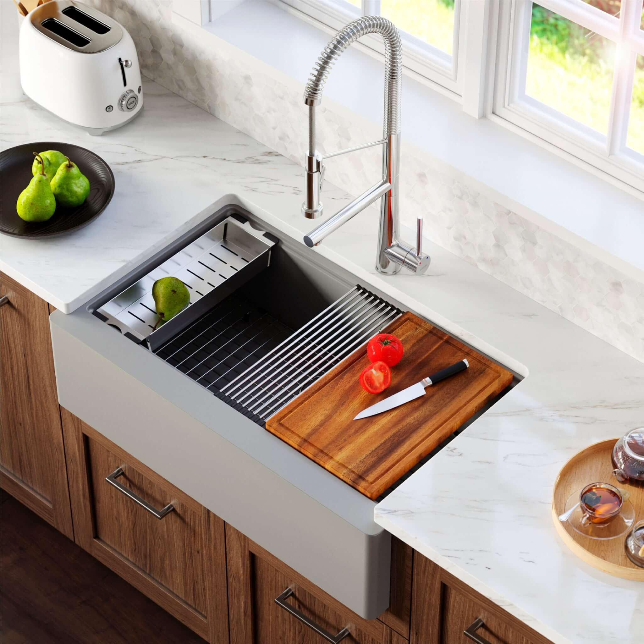 Karran 34" Quartz Composite Workstation Farmhouse Sink with Accessories, Grey, QAWS-740-GR
