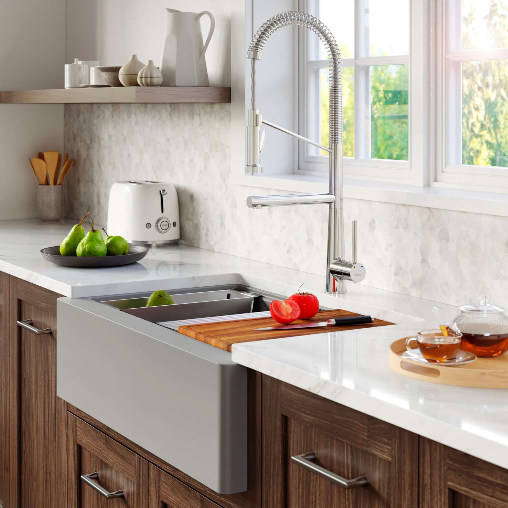 Karran 34" Quartz Composite Workstation Farmhouse Sink with Accessories, Grey, QAWS-740-GR