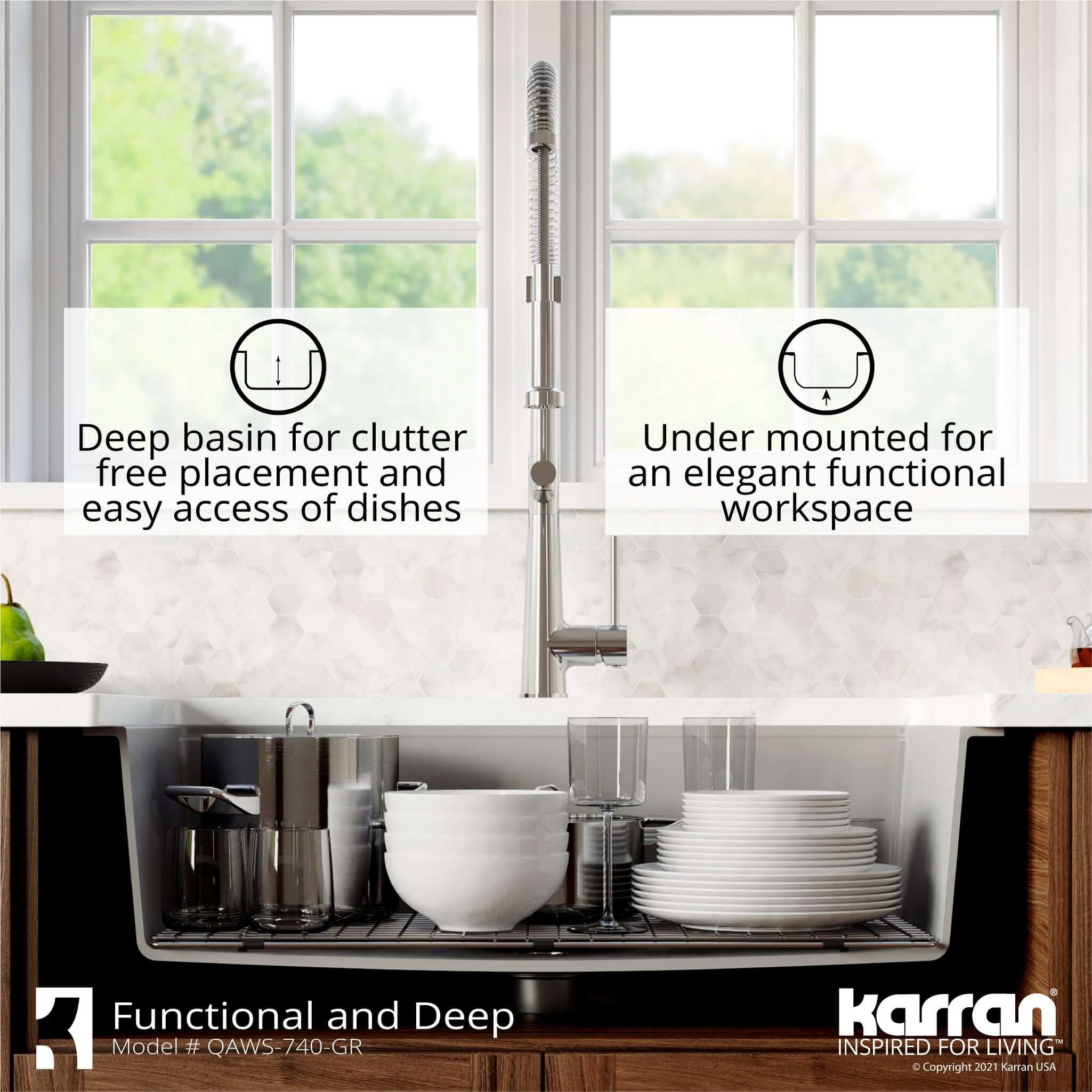 Karran 34" Quartz Composite Workstation Farmhouse Sink with Accessories, Grey, QAWS-740-GR