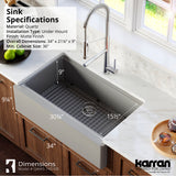 Karran 34" Quartz Composite Workstation Farmhouse Sink with Accessories, Grey, QAWS-740-GR