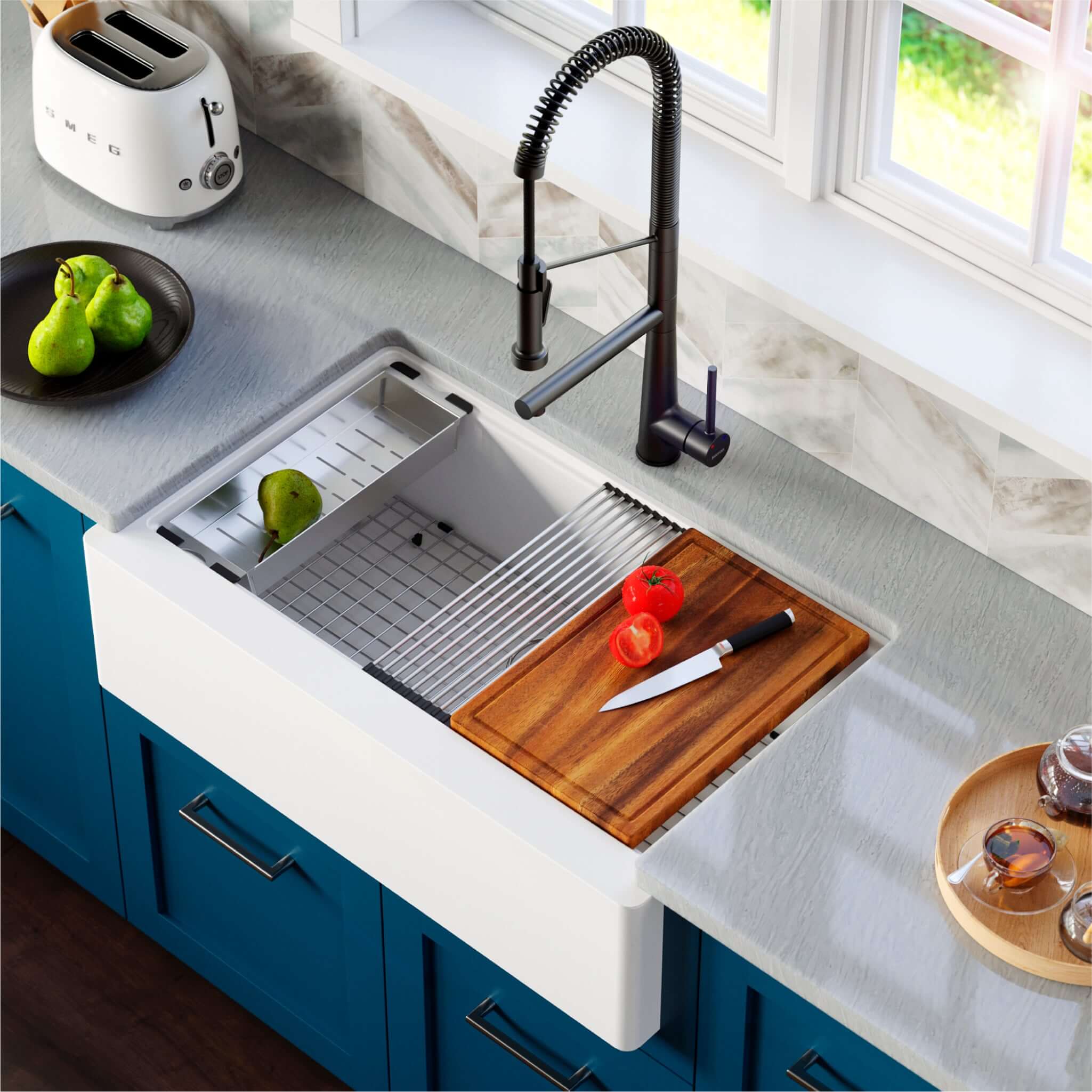 Karran 34" Quartz Composite Workstation Farmhouse Sink with Accessories, White, QAWS-740-WH