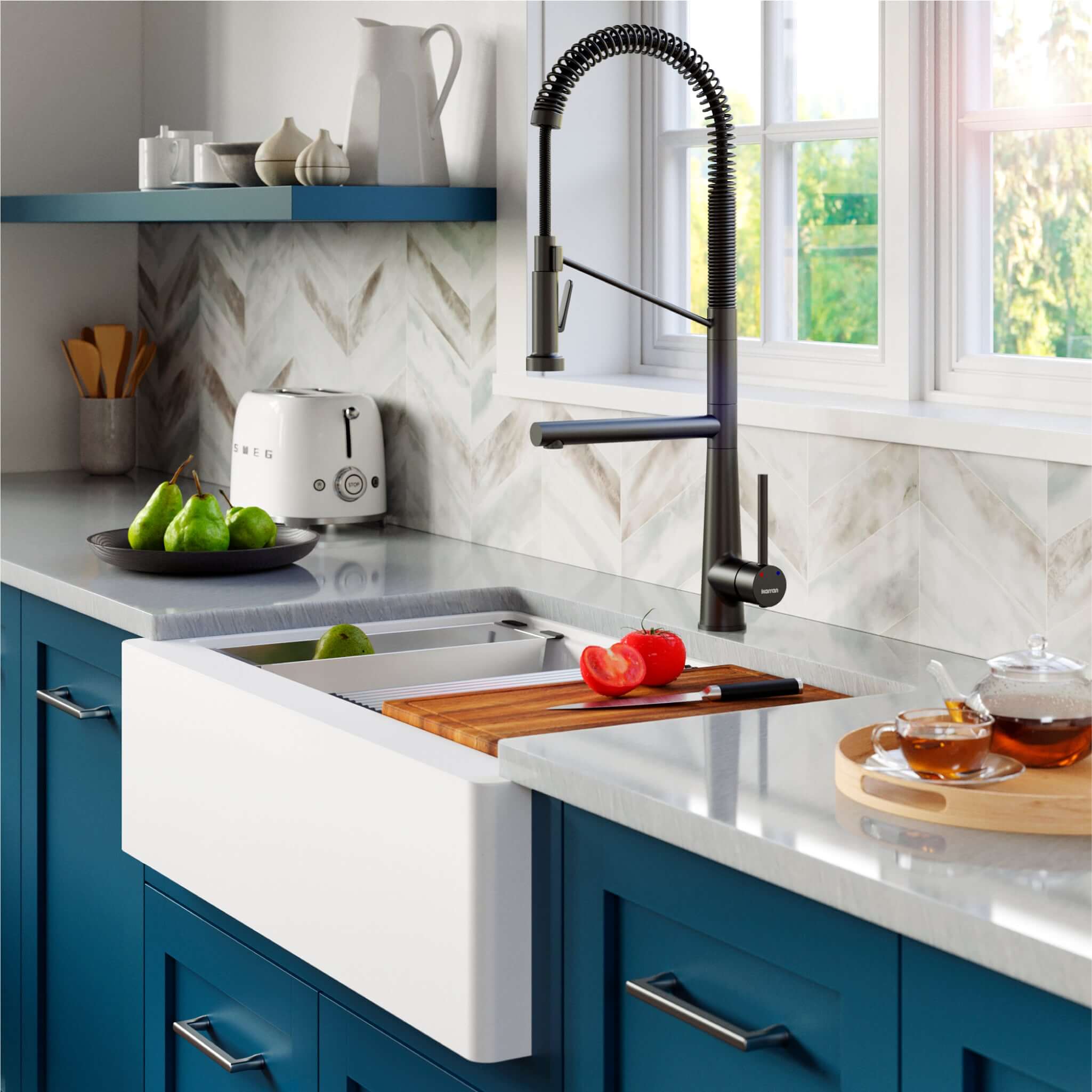Karran 34" Quartz Composite Workstation Farmhouse Sink with Accessories, White, QAWS-740-WH