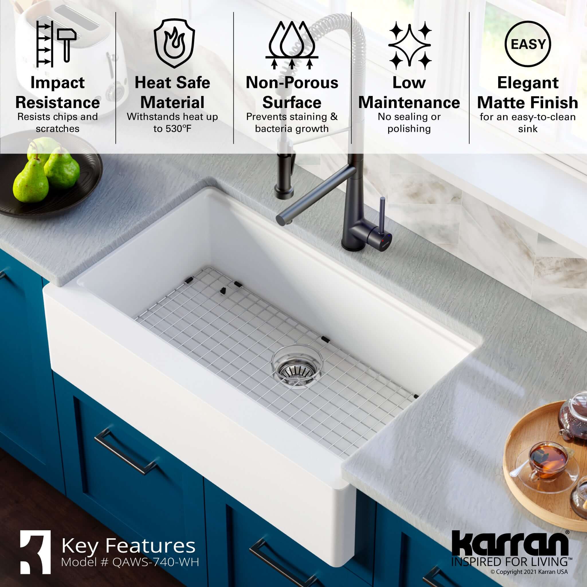 Karran 34" Quartz Composite Workstation Farmhouse Sink with Accessories, White, QAWS-740-WH